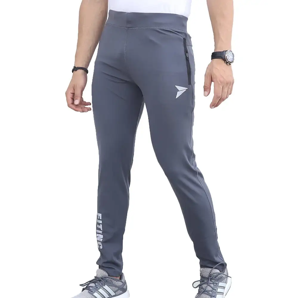 Fitinc Men's Lycra Slim Fit Track Pants with 2 Side Zipper Pockets and Logo,  Gray  Medium