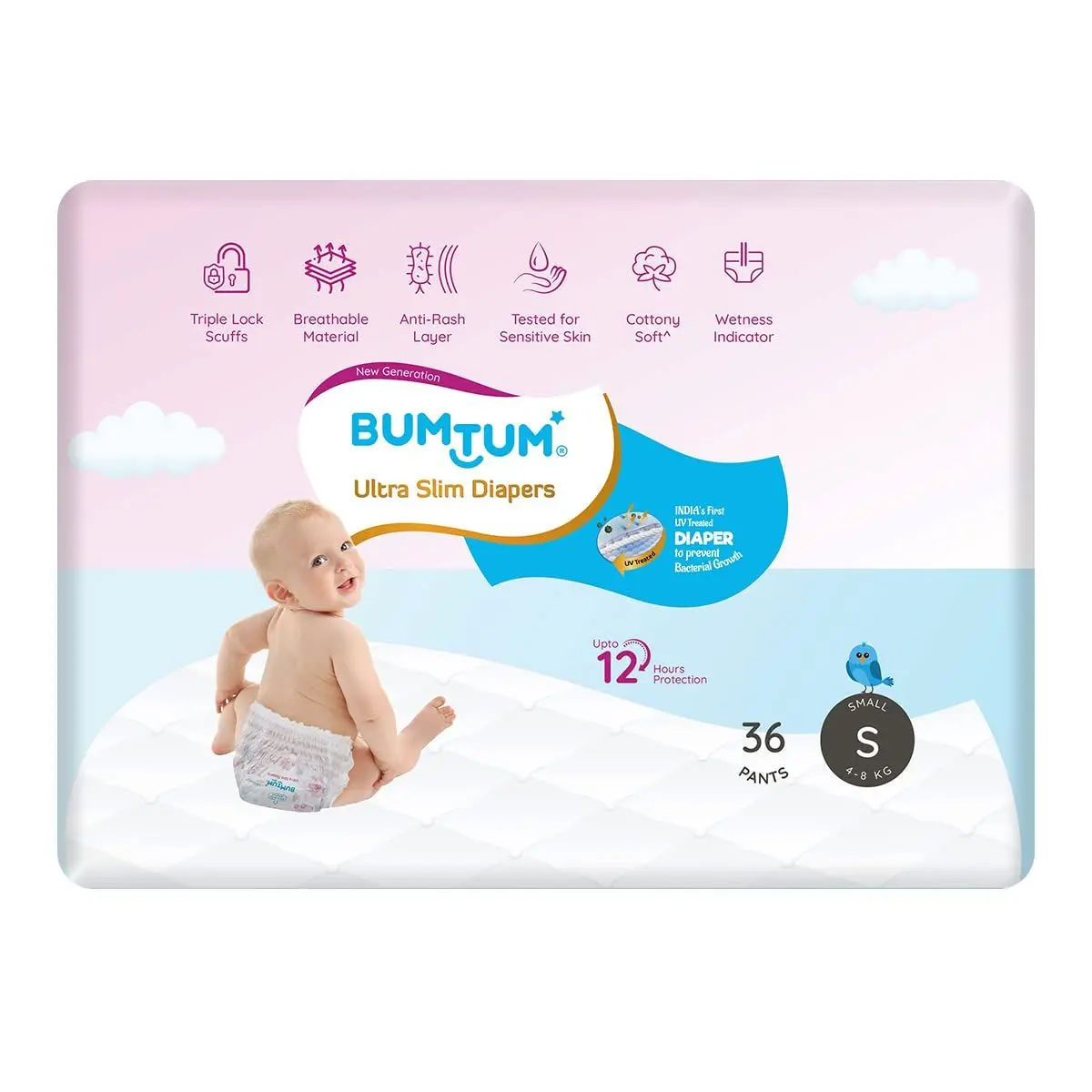 Bumtum Ultra Slim Baby Diaper Pants with Leakage Protection -4 to 8 Kg (Small, 36 Count, Pack of 1)