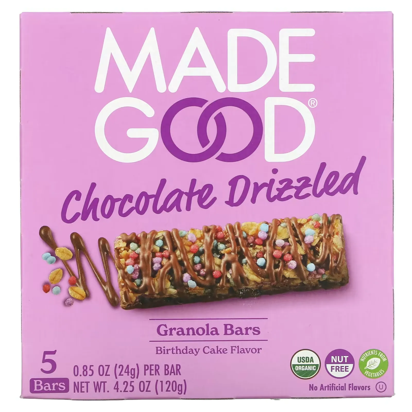 Granola Bars, Chocolate Drizzled, Birthday Cake, 5 Bars, 0.85 oz (24 g) Each