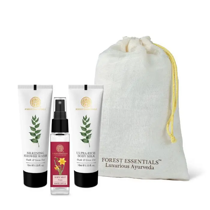 Forest Essential Body Care Trio (Rs 400) with Silkening Shower Wash (10ml), Body Milk (10ml), Body Mist Nargis (10ml)