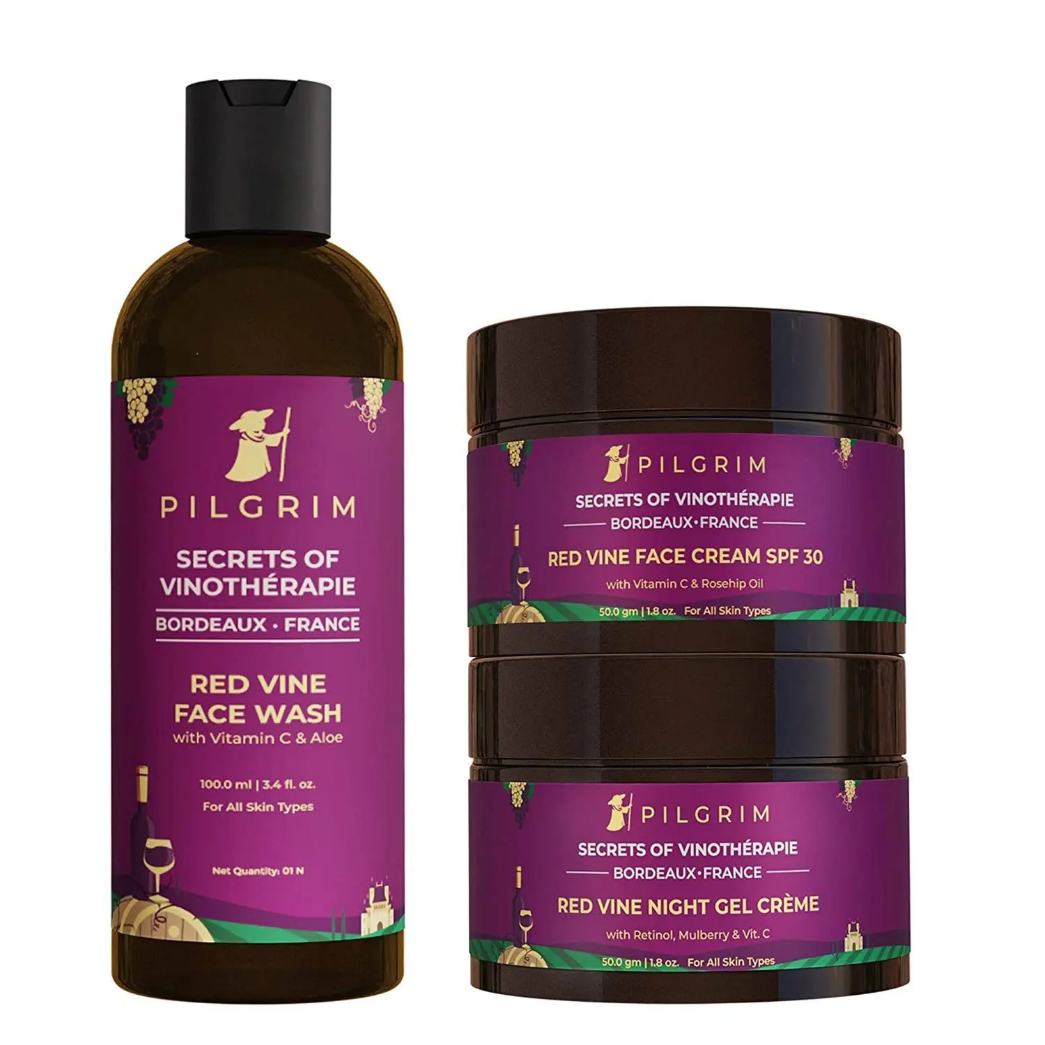 Pilgrim Red Vine AM PM Face Care Kit, Volcanic Lava Ash Face Wash 100ml, Face Cream SPF 50 50gm, & Night Gel Creme 50gm, Anti-Ageing, De-Pigmentation, Skin Repair, All Skin Types, Men & Women