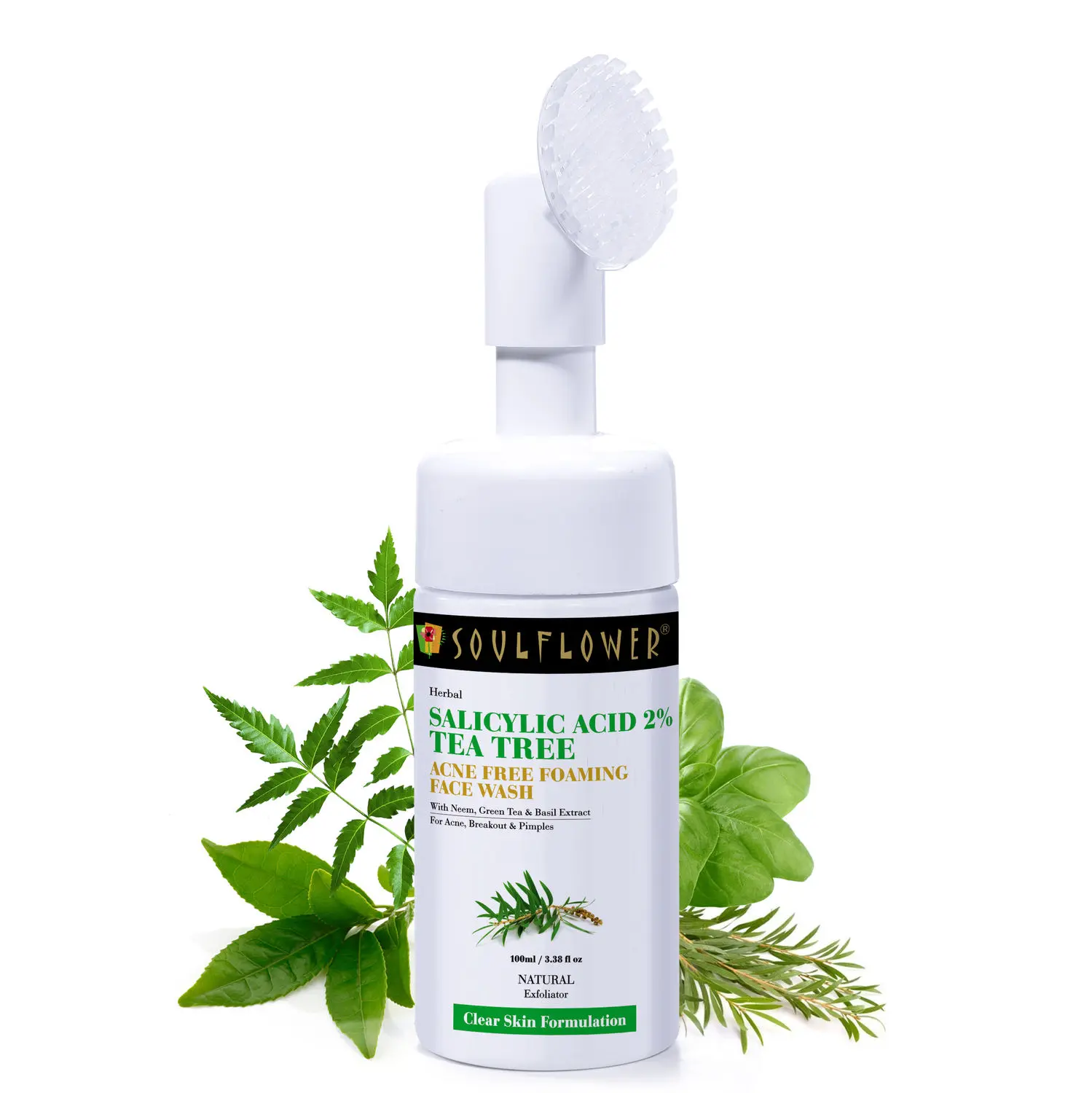 Soulflower Acne Free Tea Tree Foaming  Face Wash with Salicylic Acid 2%, Neem & Basil for Pimple Skin, 100ml