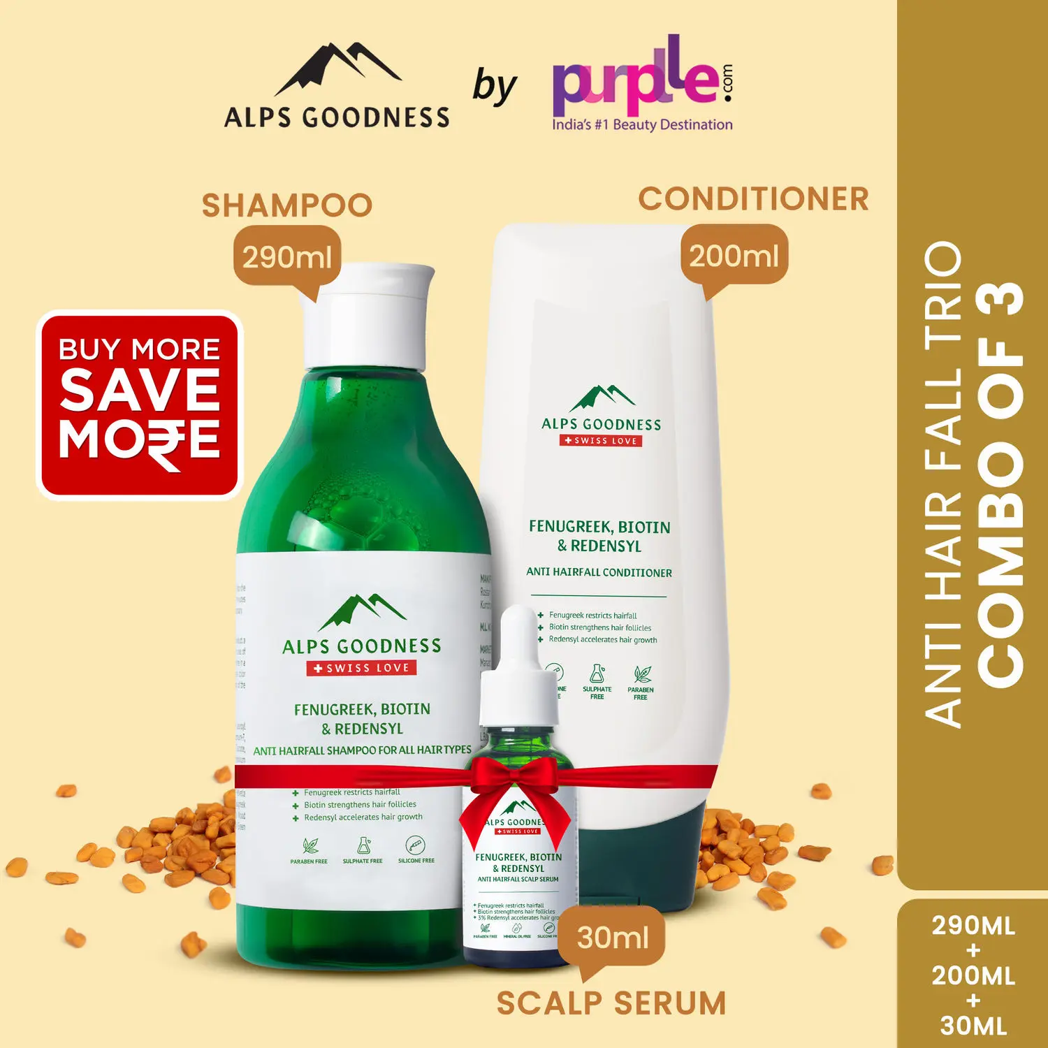 Alps Goodness Anti Hairfall Trio (Pack of 3) | Hairfall control Shampoo, Conditioner & Scalp Serum | Complete Hairloss Treatment (290ml+200ml+30ml)