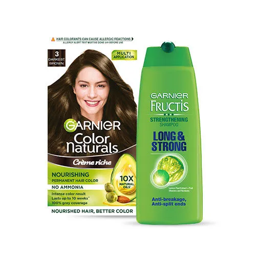 Garnier Color Naturals No Ammonia Permanent Hair Color 3 - Darkest Brown + Strengthening Shampoo