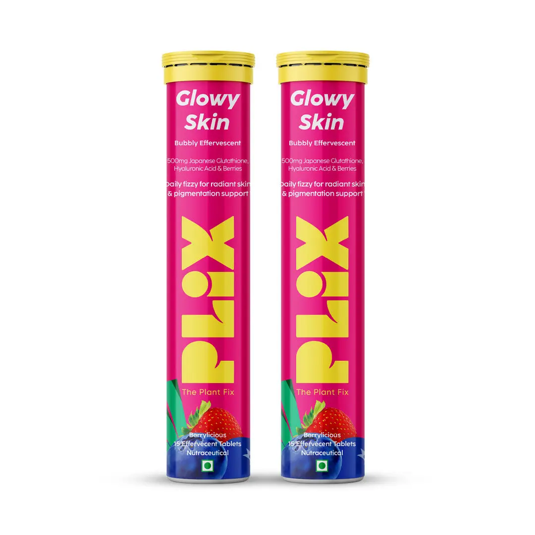 PLIX Skin Glow Glutathione 15 Effervescent Tablets For Clear And Youthful Skin | Pack Of 2 (Strawberry) | Vegan Vitamin E And Hyaluronic Acid