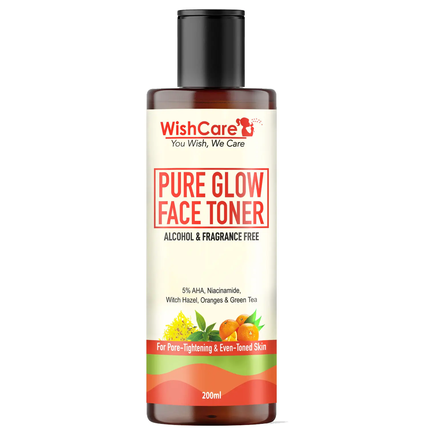 WishCare Pure Glow Face Toner for Pore Tightening & Even Toned Skin with 5% AHA, Oranges & Green Tea (200 ml)