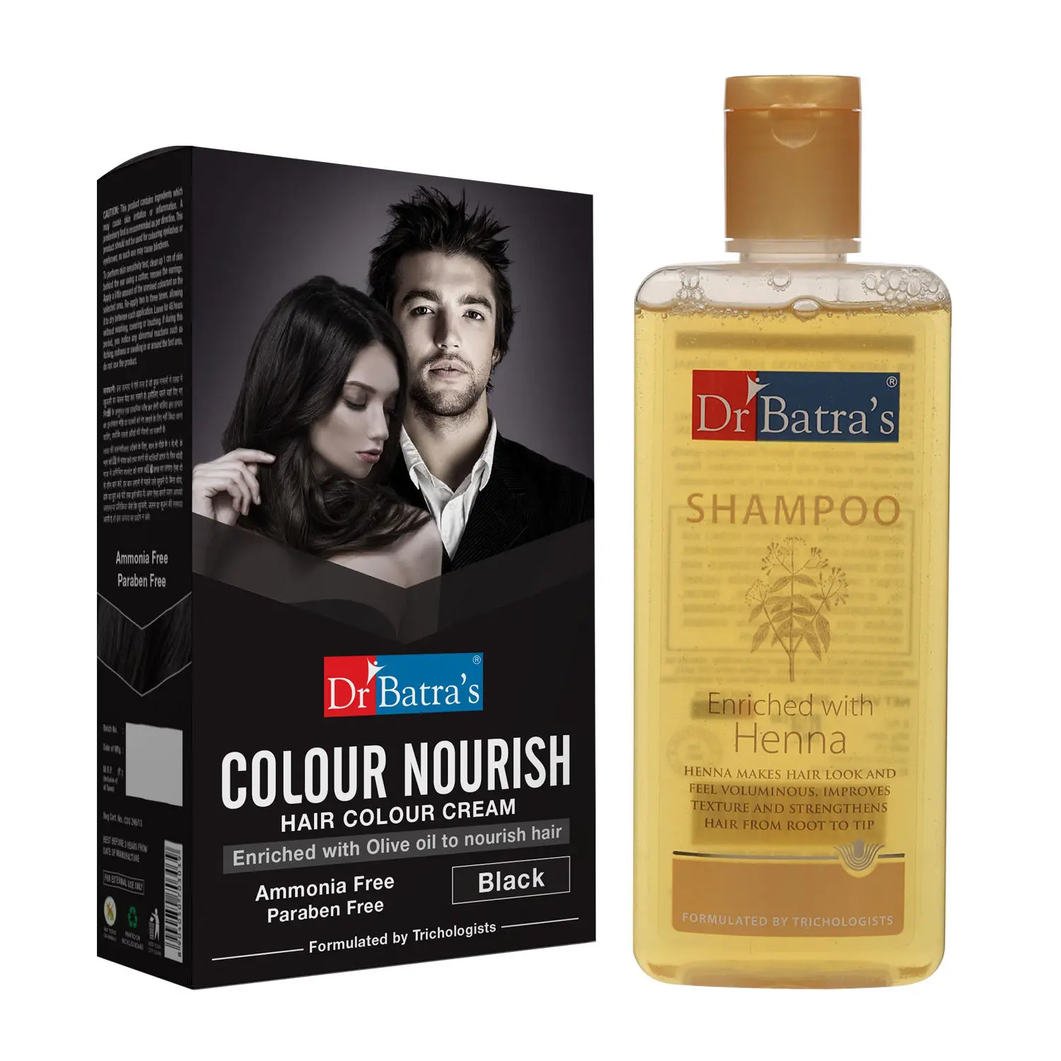 Dr Batra's Colour Nourish Hair Colour Cream - Black 120 G and Normal Shampoo 200ml (Pack of 2 Men and Women)