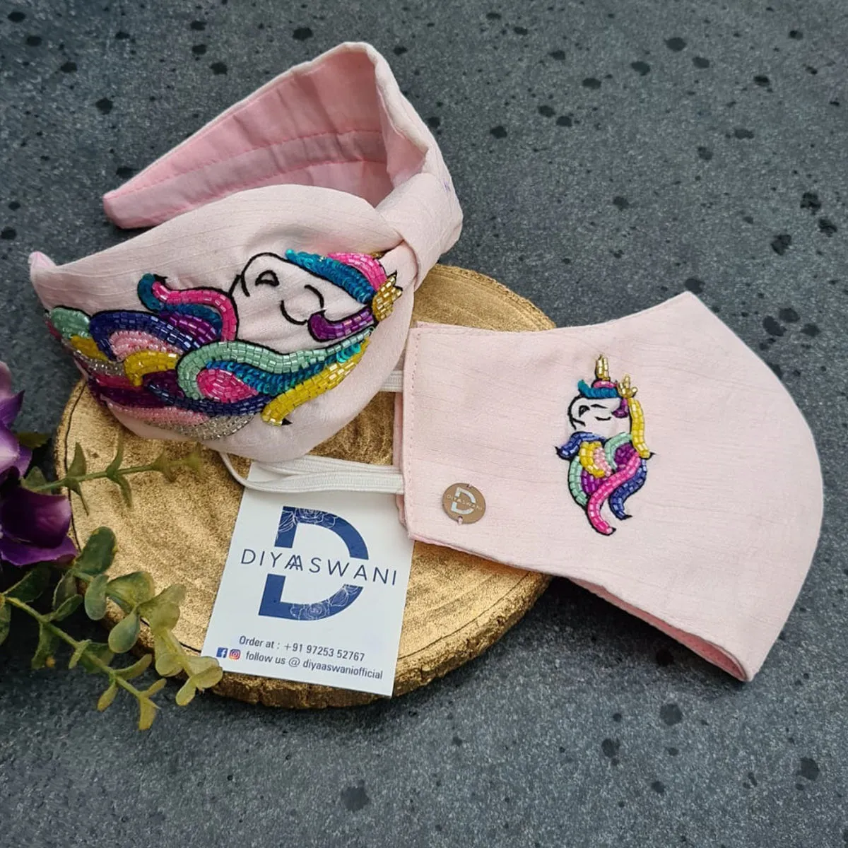 Diya Aswani Pink Unicorn Combo of Hairband and Mask