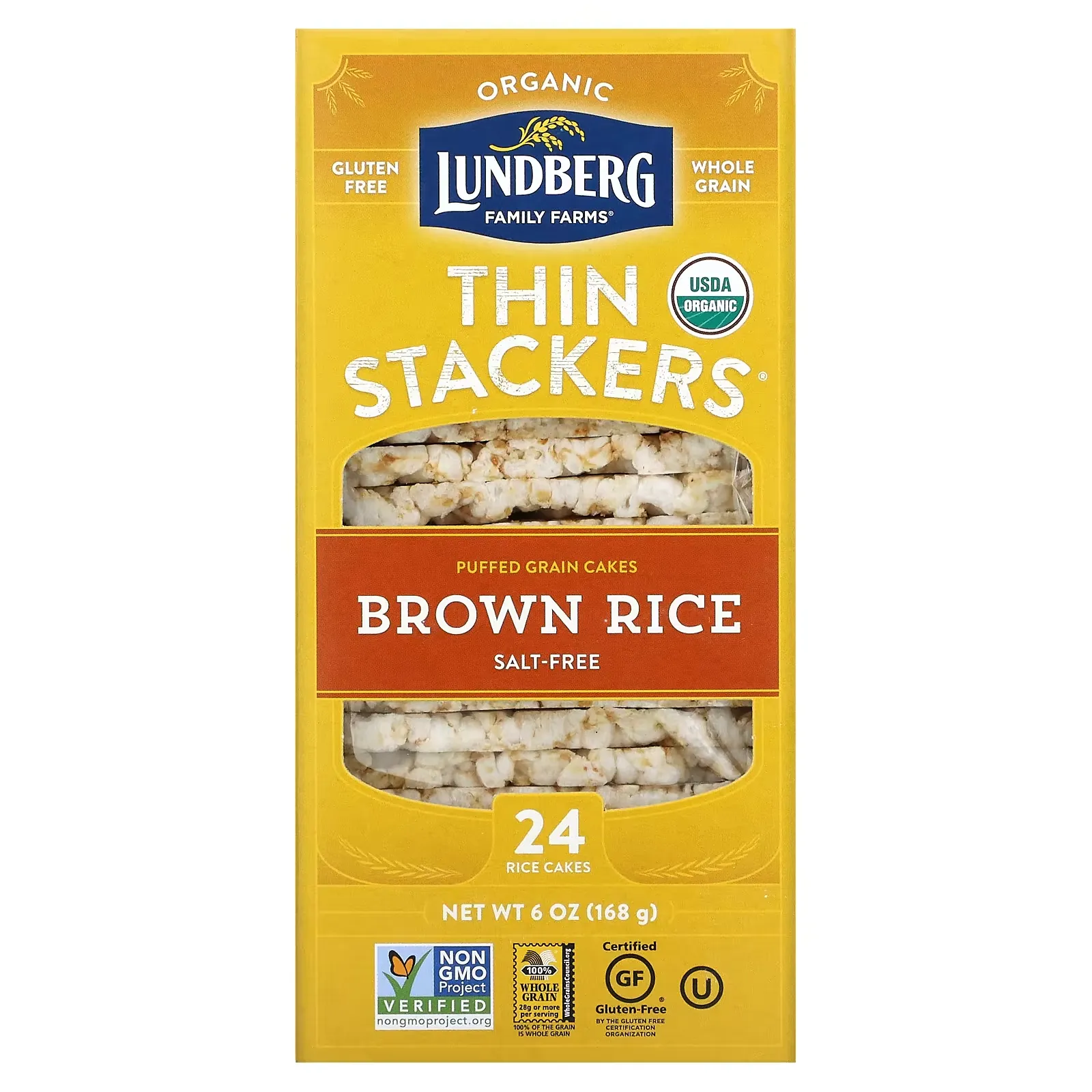 Organic Thin Stackers, Puffed Grain Cakes, Brown Rice, Salt-Free, 24 Rice Cakes, 6 oz (168 g)