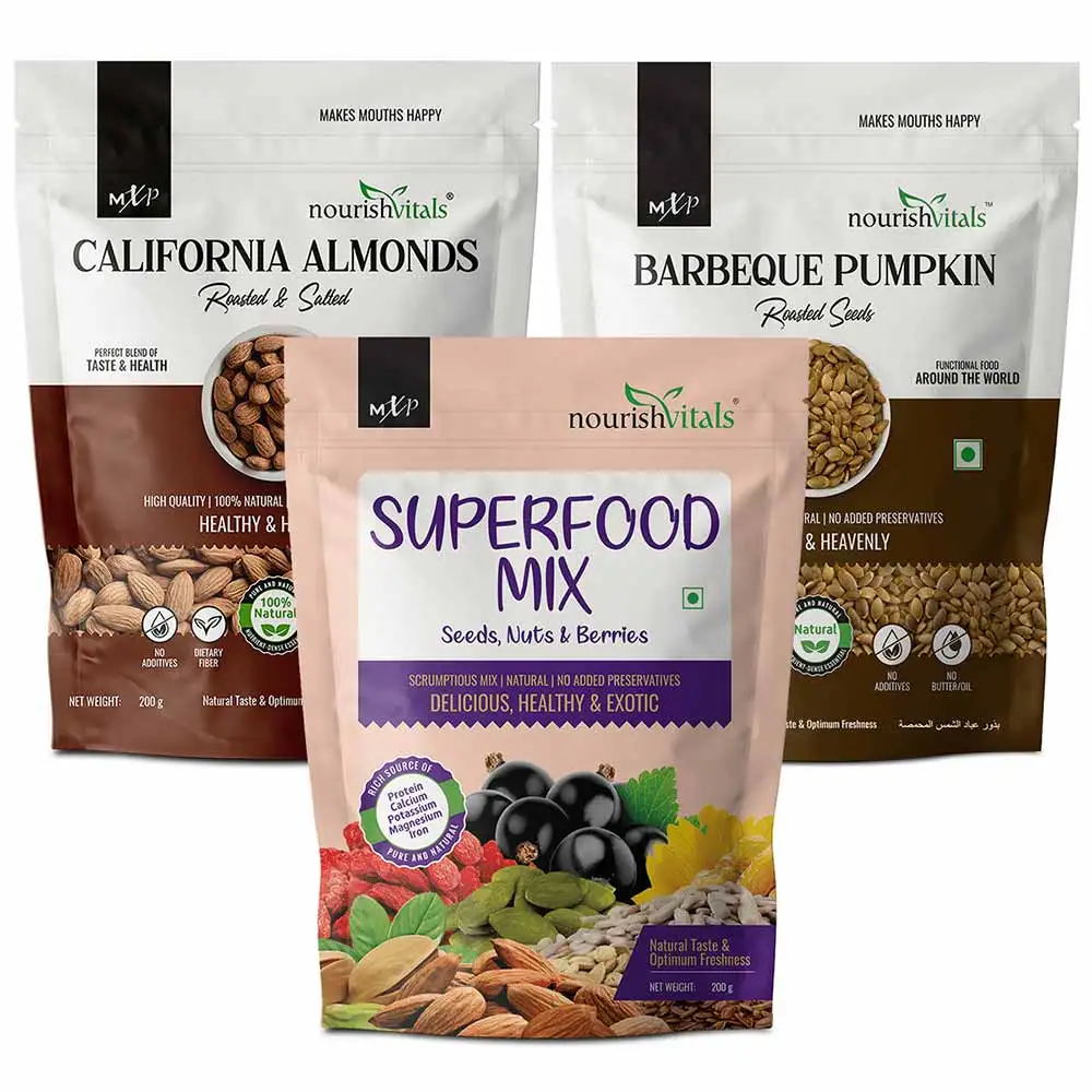 NourishVitals Healthy Munching Combo,  California Roasted & Salted Almonds + Barbeque Pumpkin Roasted Seeds + Superfood Mix  3 Piece(s)/Pack