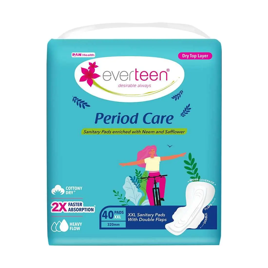 everteen XXL Sanitary Napkin Pads with Cottony-Dry Top Layer for Women, Enriched with Neem and Safflower - 1 Pack (40 Pads, 320 mm)