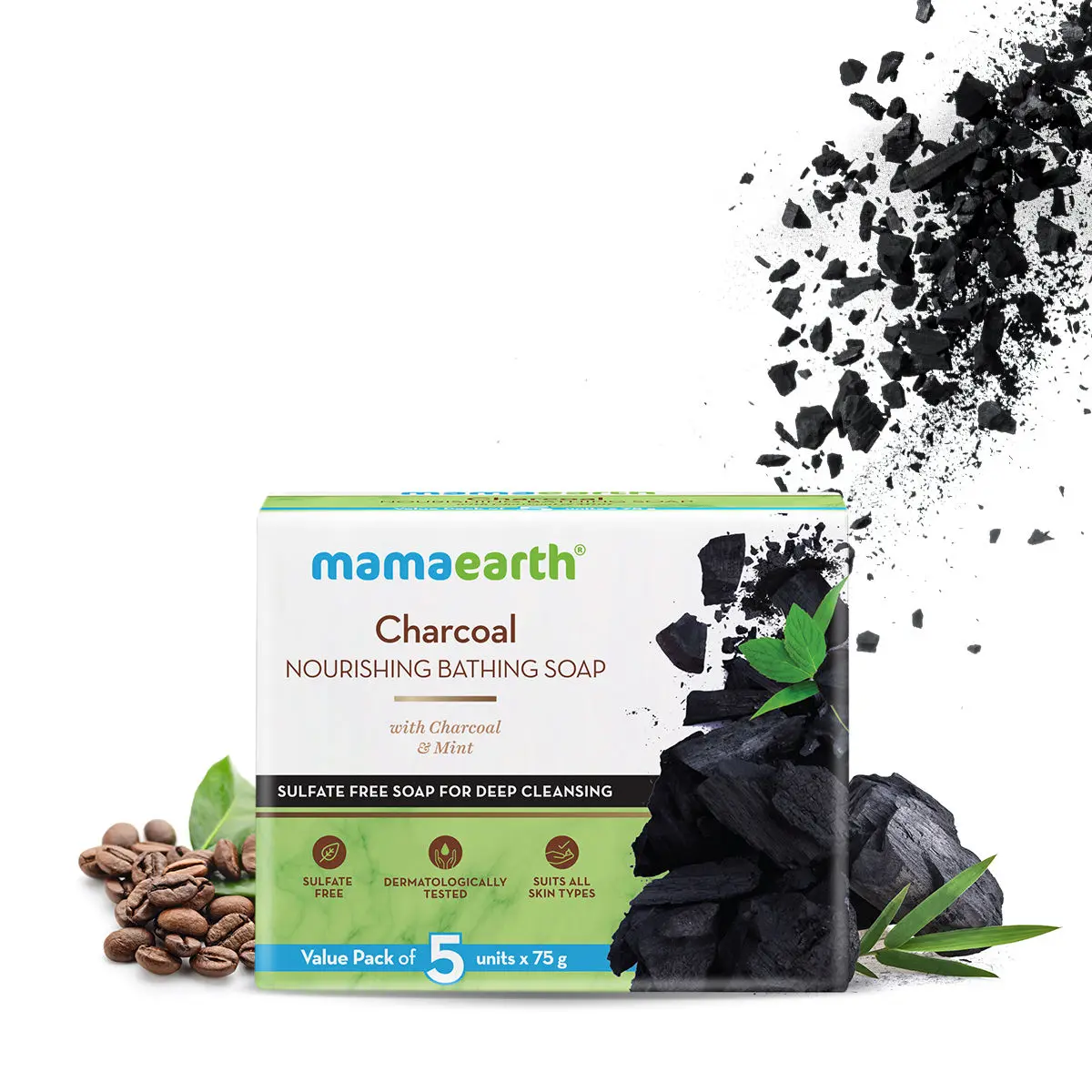 Mamaearth Charcoal Nourishing Bathing Soap With Charcoal and Mint for Deep Cleansing (5x75 g)