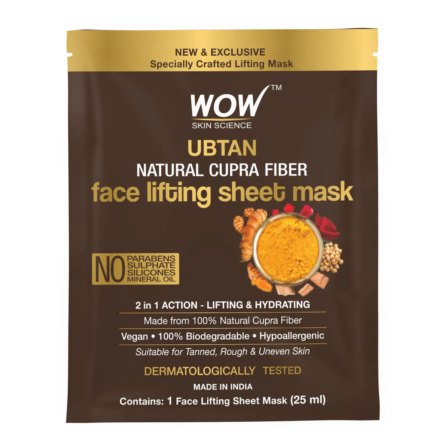 WOW Skin Science Ubtan Natural Fiber Cupra Face Lifting Sheet Mask - For Tan Removal & Anti-Aging - 25ml