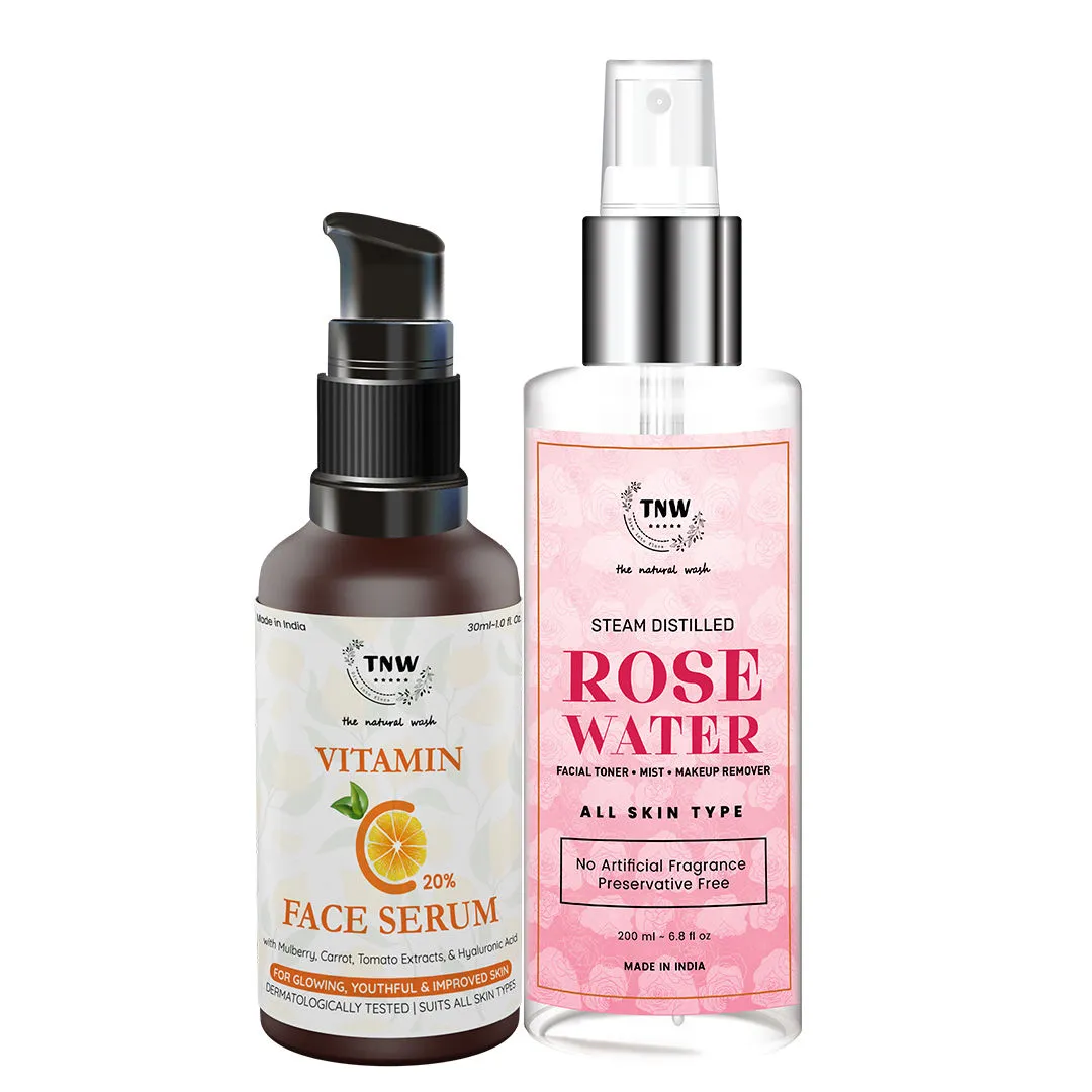 TNW The Natural Wash Vitamin C Face Serum and Steam Distilled Rose Water Combo for Glowing Skin