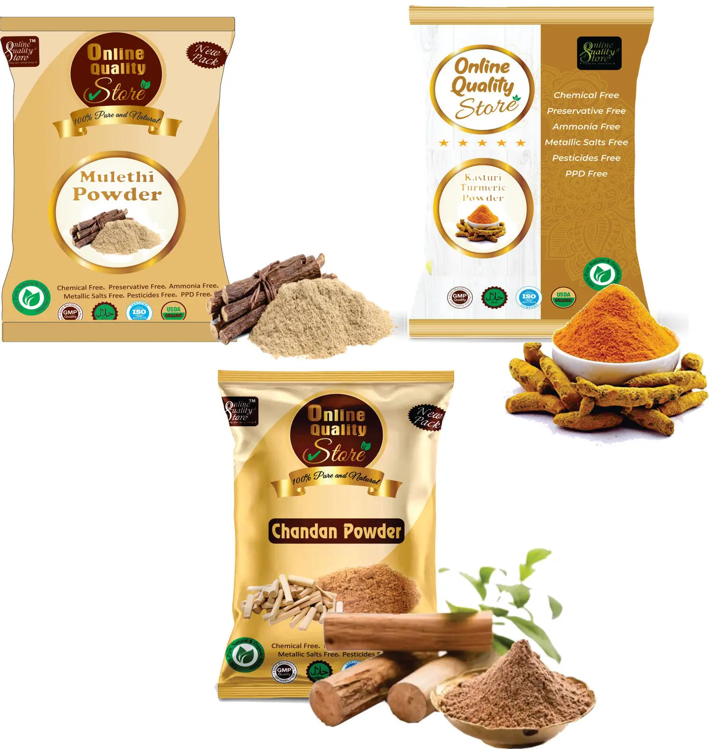 Online Quality Store 100% Pure Kasturi Haldi Powder, Chandan Powder, Mulethi Powder, Total-150g - For Whitening & Brighting & Flow Less Clear Skin Face Pack{mulethi_Haldi_Chandan_150}