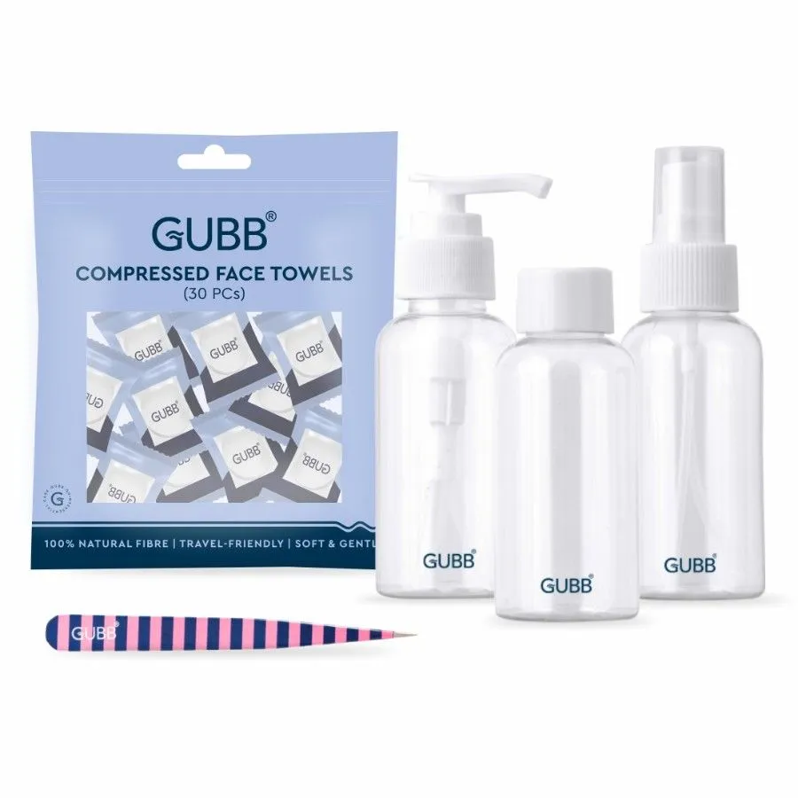 GUBB Travel Essentials - Compressed Towel, Travel Bottles & Pointed Tweezer