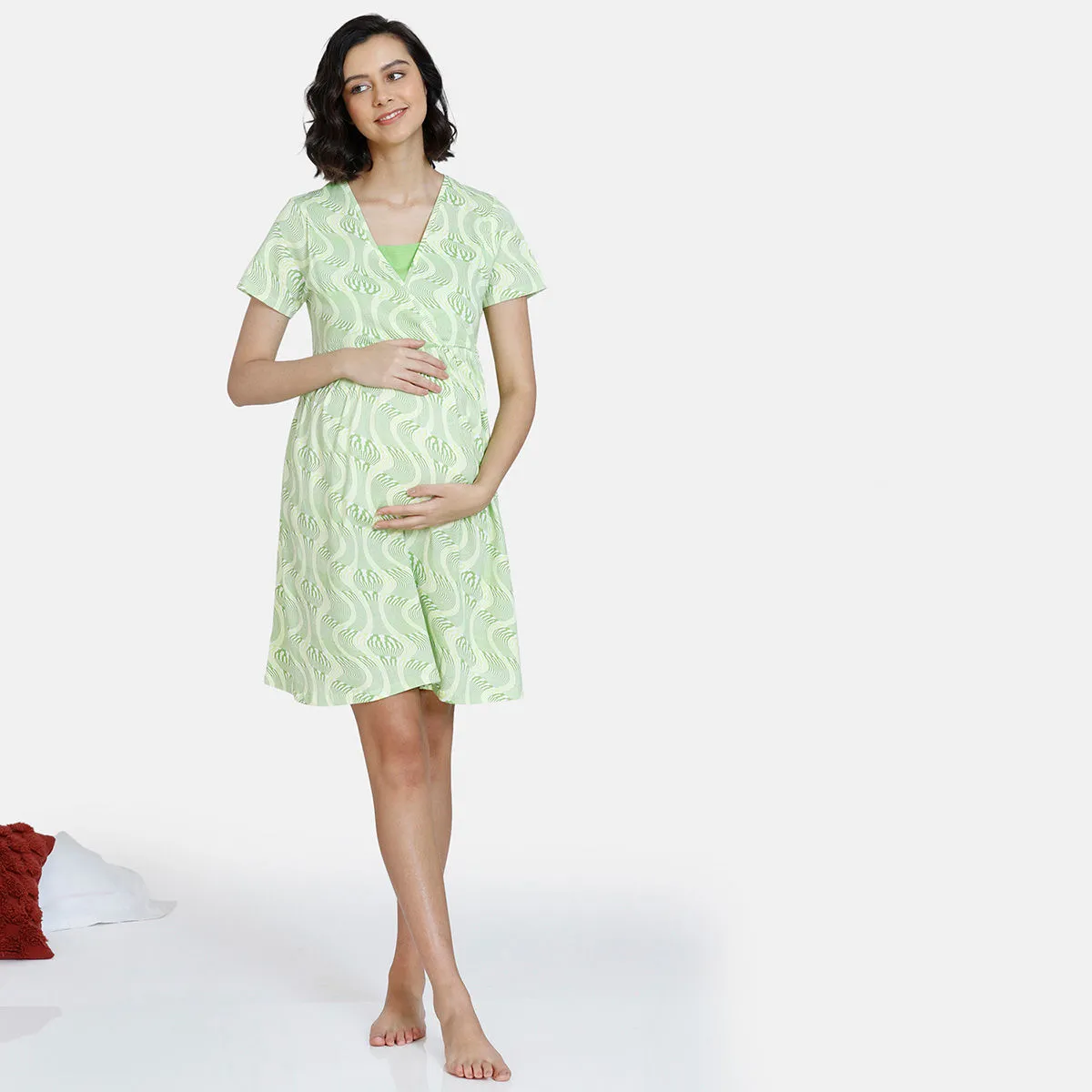 Zivame Optics Fun Maternity Knit Cotton Knee Length Nightdress -Jade Lime (M)