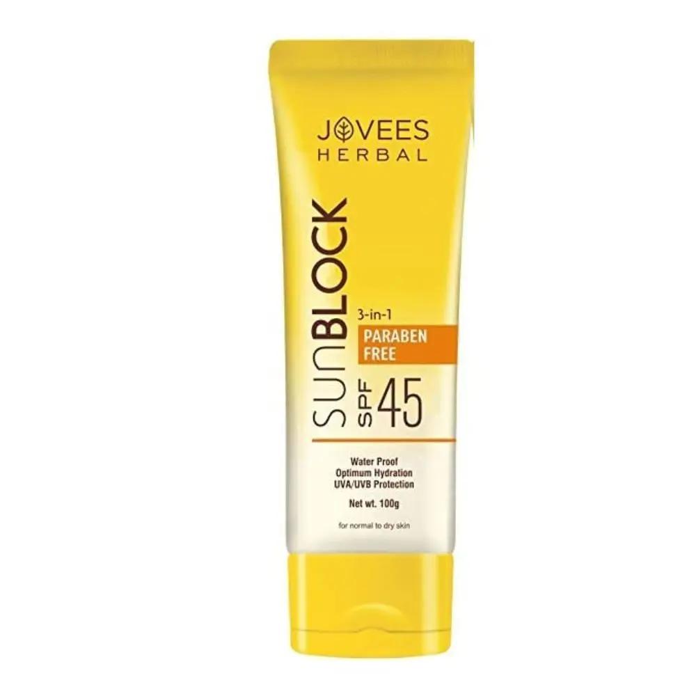Jovees Herbal Sun Block Sunscreen SPF 45 | For Dry Skin | Water Proof, UVA/UVB Protection, Moisturization| Paraben and Alcohol Free | For Women/Men |