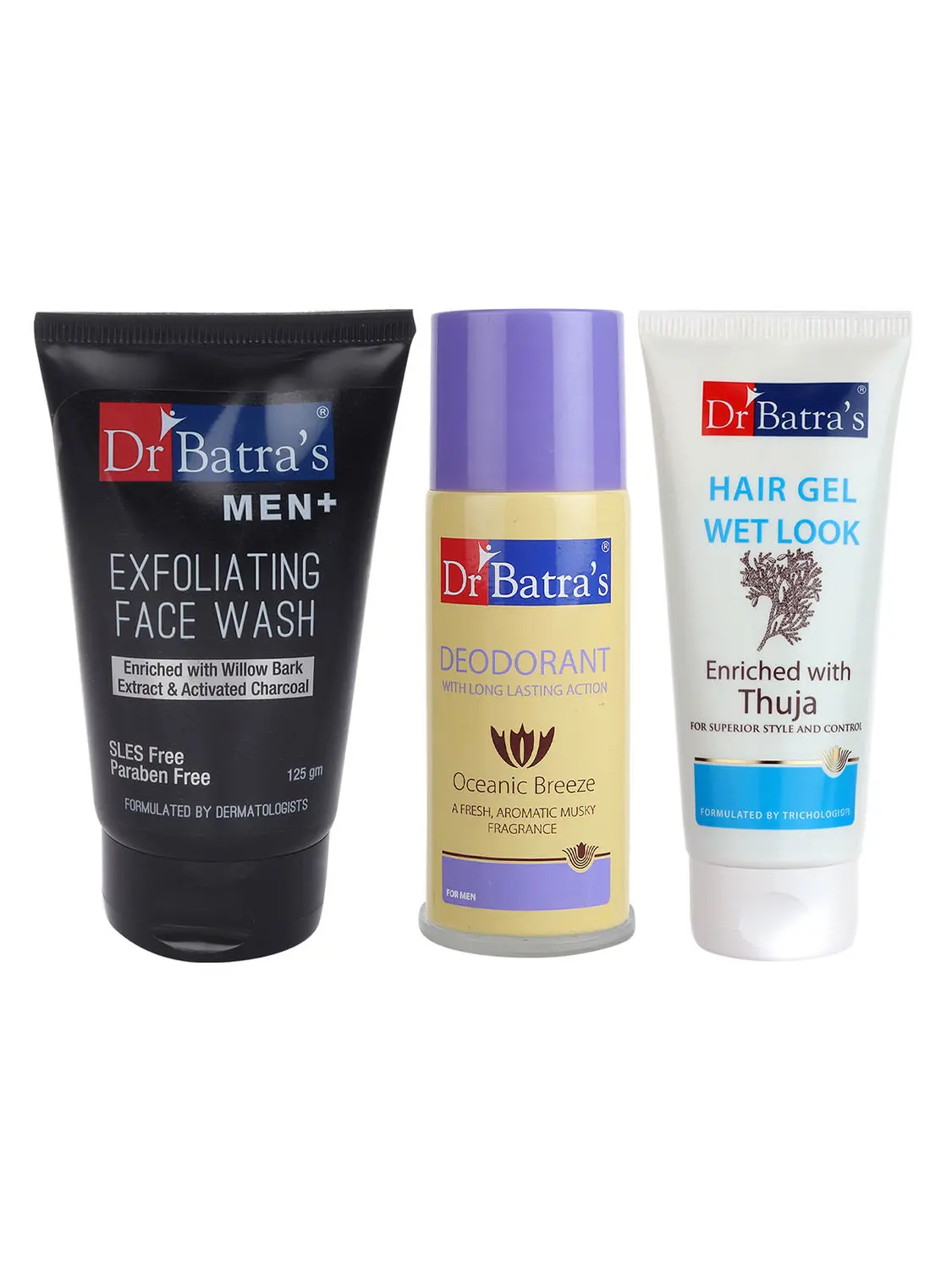 Dr Batra's Men Exfoliating Face Wash - 125 g, Deo For Men 100GM and Hair Gel - 100 gm. (Pack of 3 For Men)