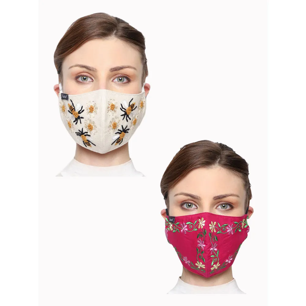 Anekaant Pack Of 2 Multicolor 3-Ply Reusable Embroidered Cotton Fabric Fashion Mask