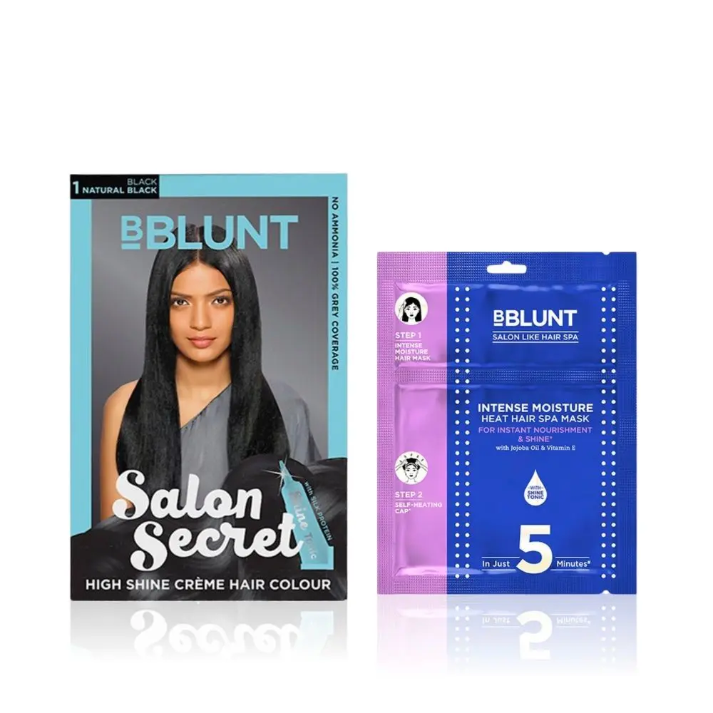 BBLUNT Salon Secret High Shine Creme Hair Colour Natural Black 1 (100 g) With Shine Tonic (8 ml)+BBLUNT Intense Moisture Heat Hair Spa Mask with Jojoba Oil & Vitamin E - 70 gm