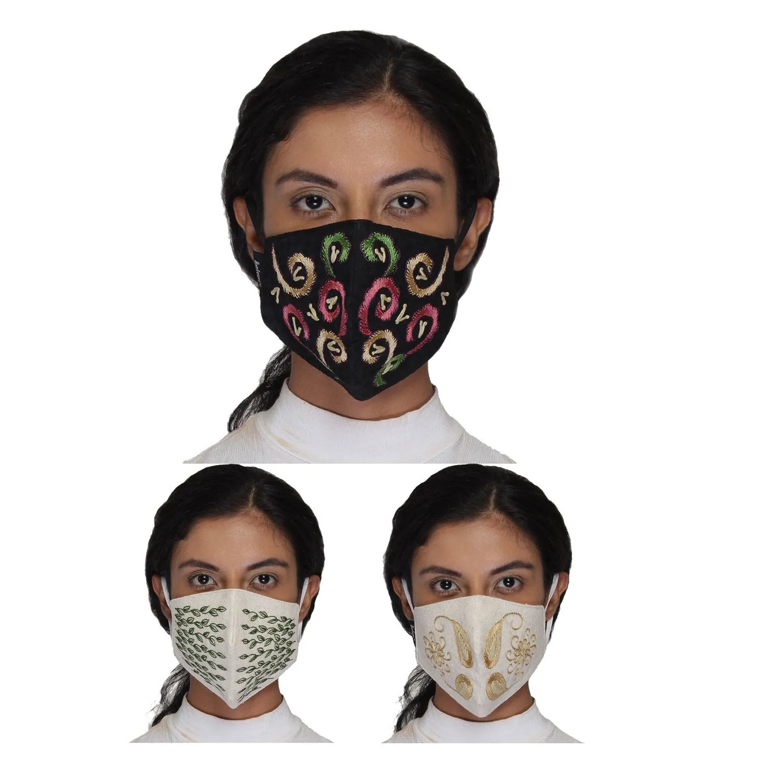 Anekaant Multicolor Reusable 3-Ply Cotton Embroidered Fabric Fashion Mask (Pack Of 3)