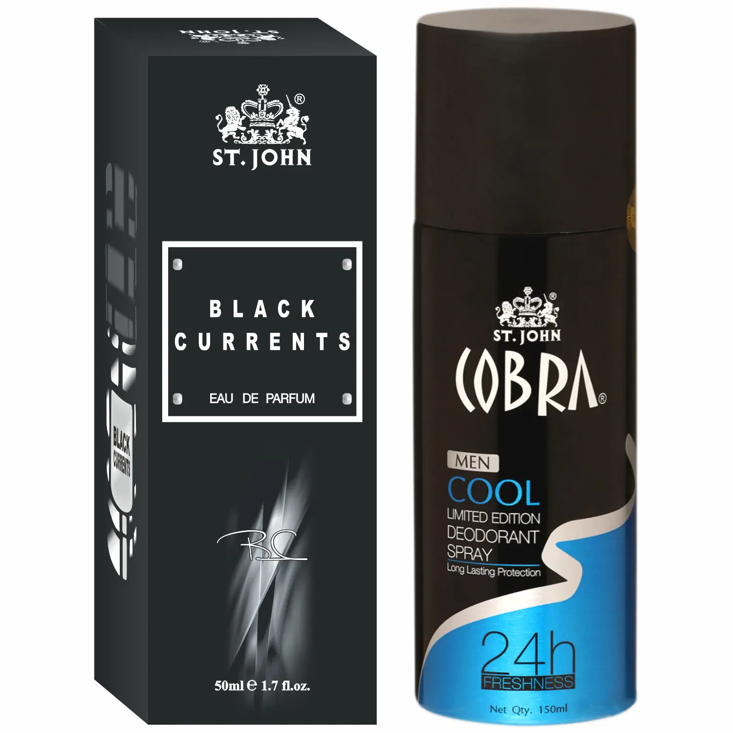 ST-JOHN Cobra Deodrant Cool 150 ml & Cobra Black Current 50ml Perfume Combo Gift Pack Perfume Body Spray - For Men & Women (200 ml, Pack of 2)