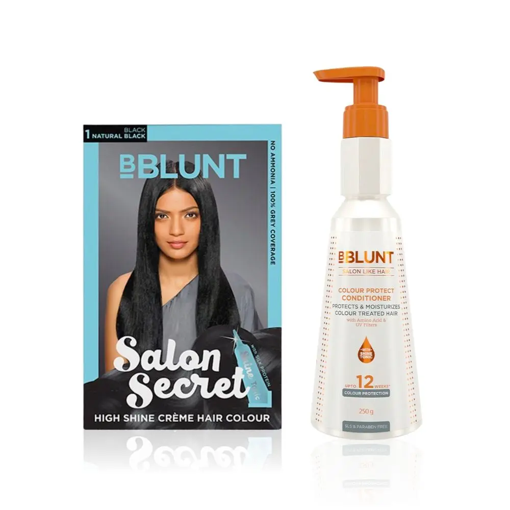 BBLUNT Salon Secret High Shine Creme Hair Colour Natural Black 1 (100 g) With Shine Tonic (8 ml) + BBLUNT Colour Protect Conditioner- 250 g