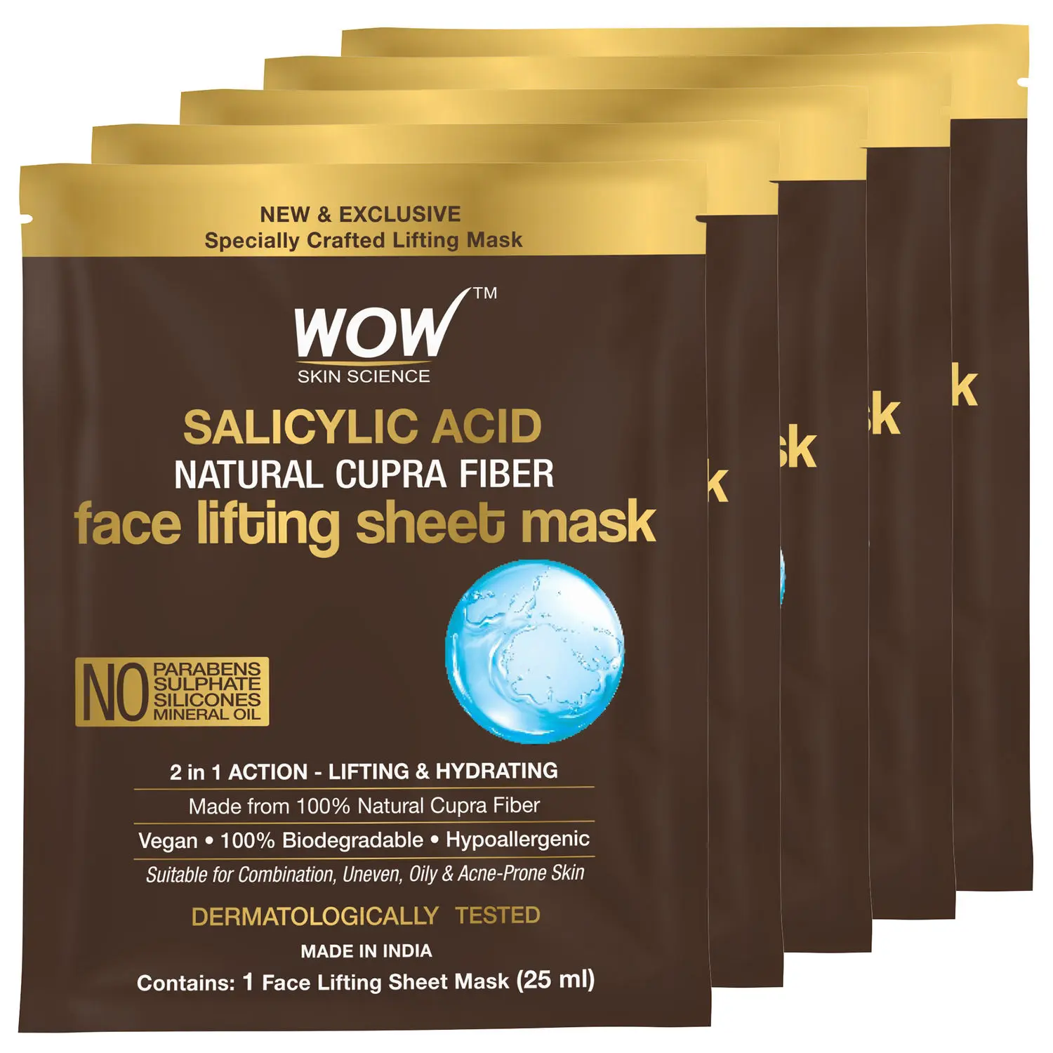 WOW Skin Science Salicylic Acid Natural Fiber Cupra Face Lifting Sheet Mask - Balances Sebum, Controls Acne And Renews Skin - 25 Ml - Pack of 5