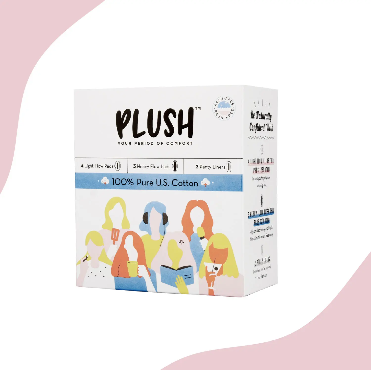 Plush 100% Pure US Cotton 7 Ultra-Thin Natural Pads - 4 large pads, 3 extra large pads  and 2 panty liners