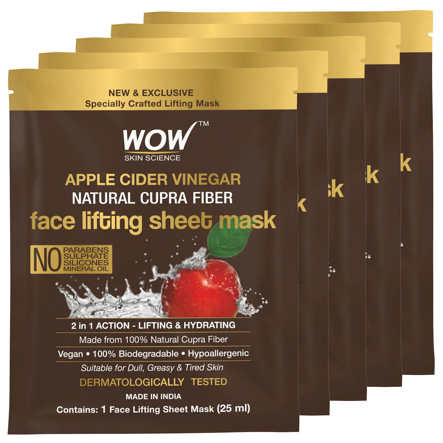 WOW Skin Science Apple Cider Vinegar Natural Fiber Cupra Face Lifting Sheet Mask - Controls Oil and Balances pH Level - 25 ml Pack of 5