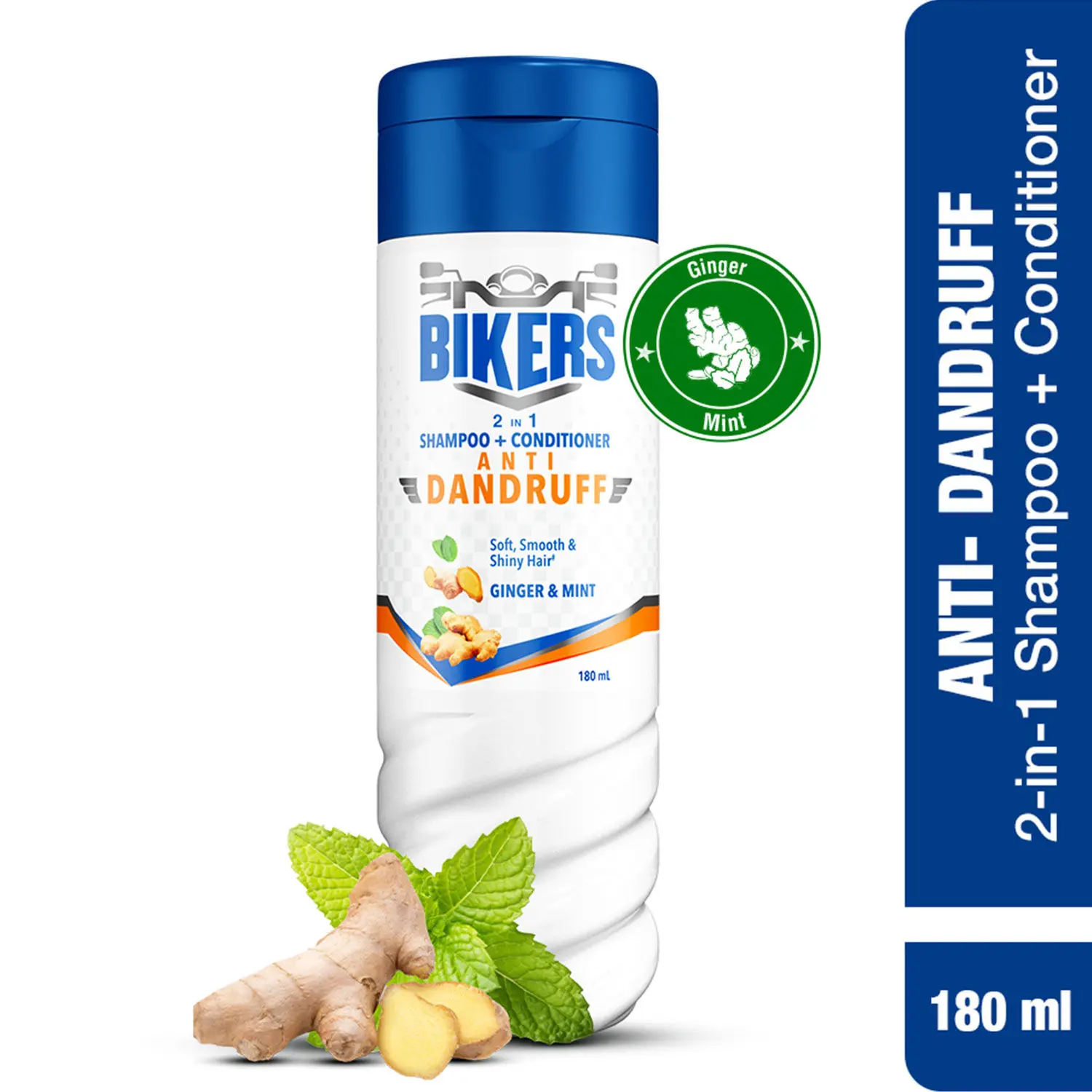 Biker's 2-in-1 Anti Dandruff Shampoo + Conditioner, Ginger and Mint for Soft Smooth Shiny and Conditioned Hair, 180 ml