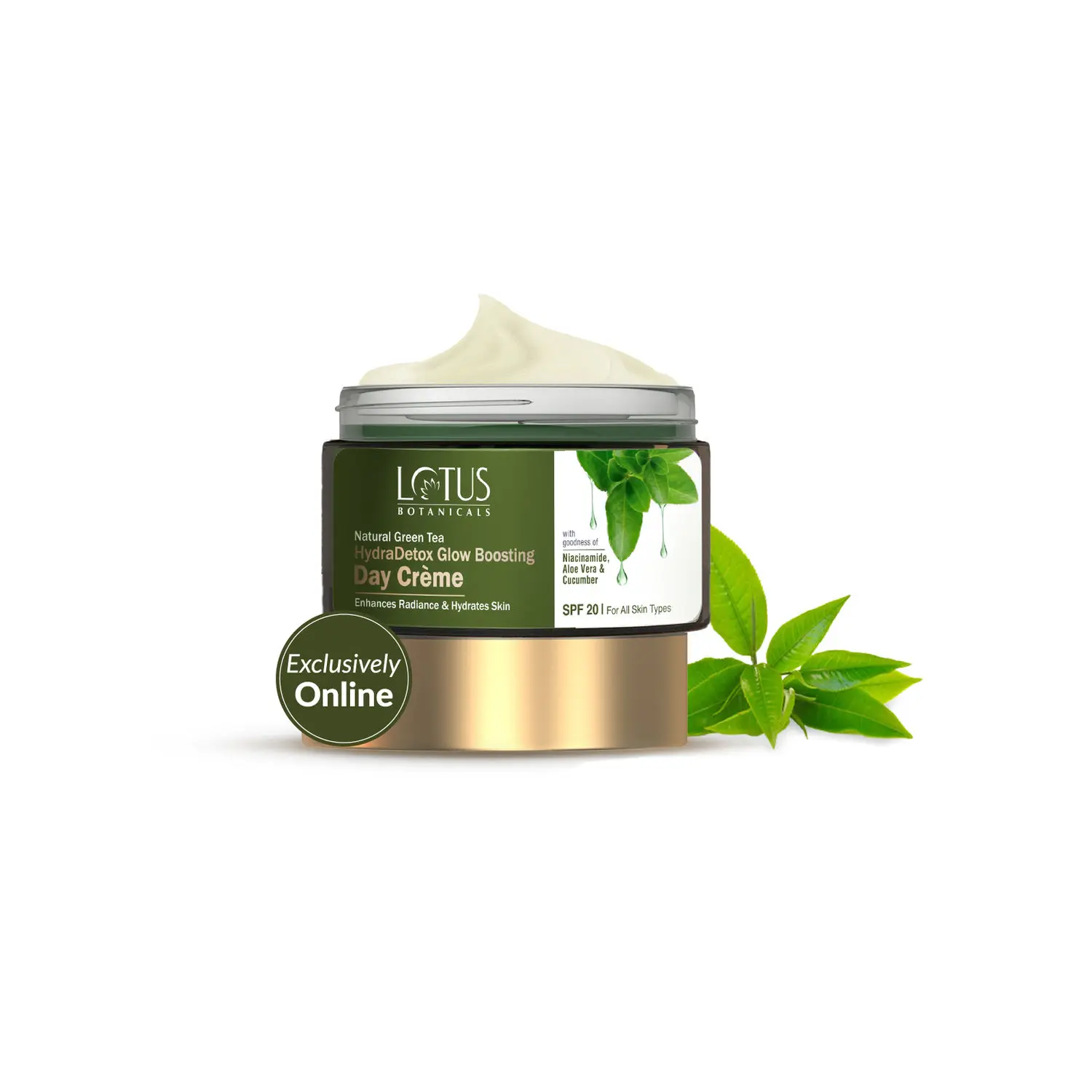 Lotus Botanicals Natural Green Tea HydraDetox Glow Boosting Day Cream SPF 20 with Niacinamide | Boosts Glow and Enhances Skin Radiance | Hydrates Skin | Protects from Sun | Prevents Acne and Pimples | Preservative Free | For All Skin Types | 50g