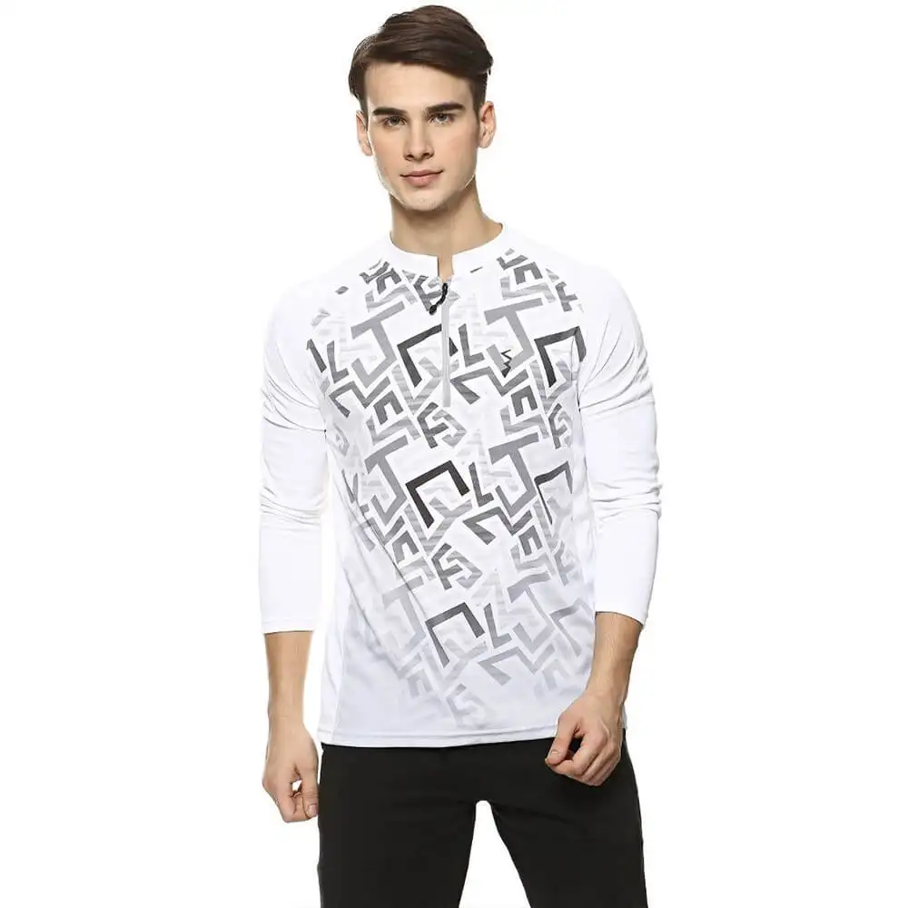 Campus Sutra Graphic Print Men Mandarin Collar T Shirt,  White  Small