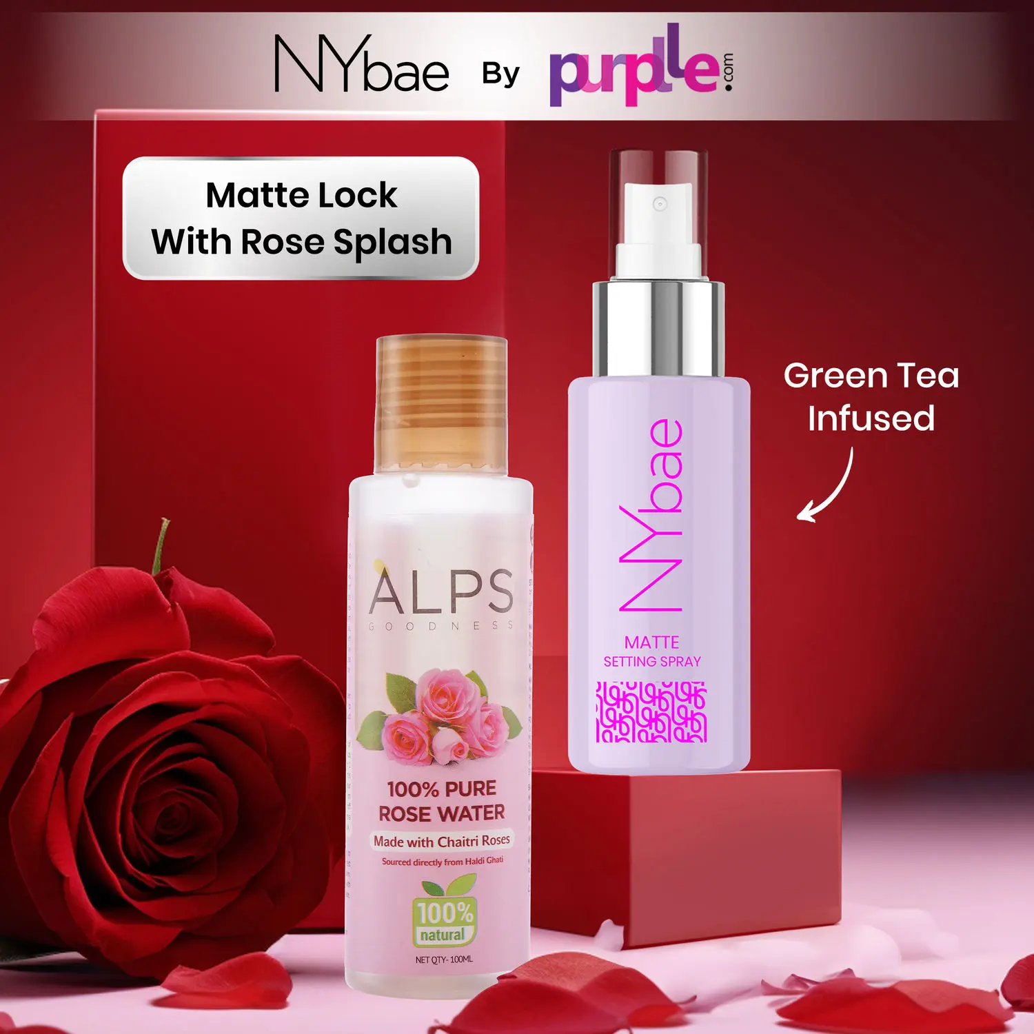 NYBae Matte Lock with Rose Splash By Purplle | Matte Setting Spray | Green Tea Infused | Rose Water | Gulab Jal | Long Lasting Matte Finish | Korean Glow | Makeup Kit