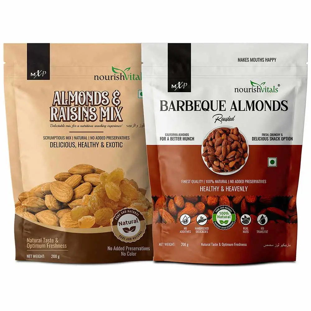 NourishVitals Healthy Munching Combo,  Almonds & Raisins Mix + Barbeque Roasted Almonds  2 Piece(s)/Pack