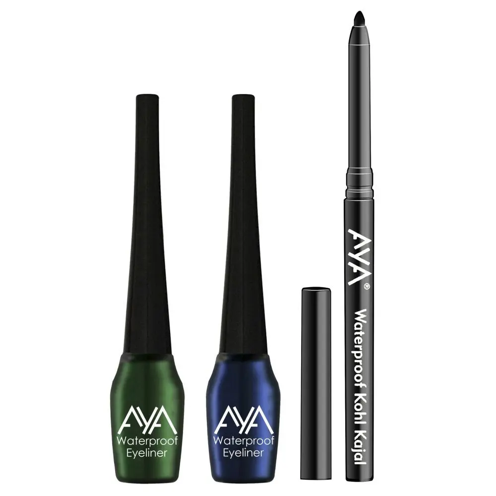 AYA Waterproof Liquid Eyeliner, Set of 2 (Green and Blue), 5 ml each + Jet black Waterproof Kohl Kajal