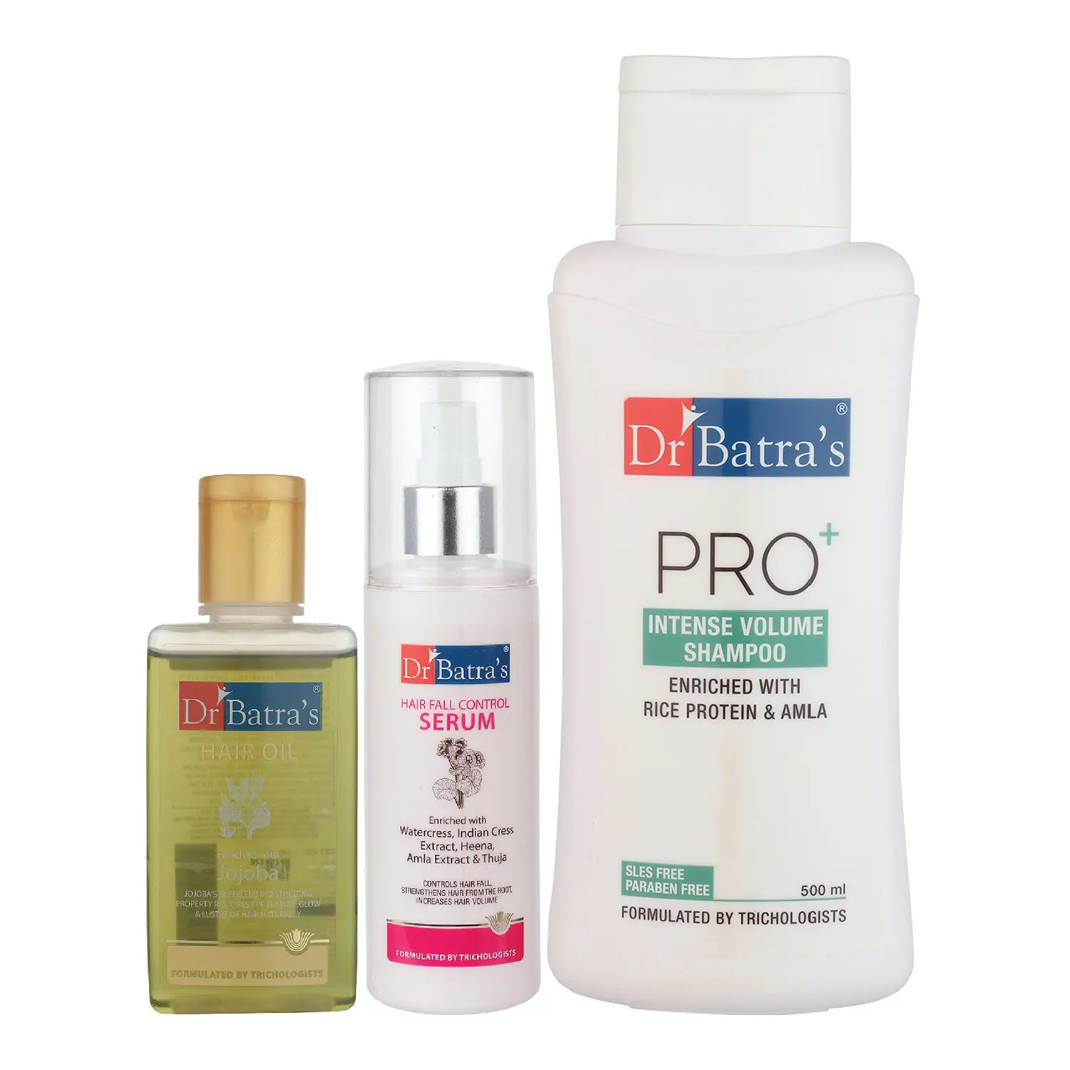 Dr Batra's Hair Fall Control Serum-125 ml, Pro+ Intense Volume Shampoo - 500 ml and Hair Oil - 100 ml