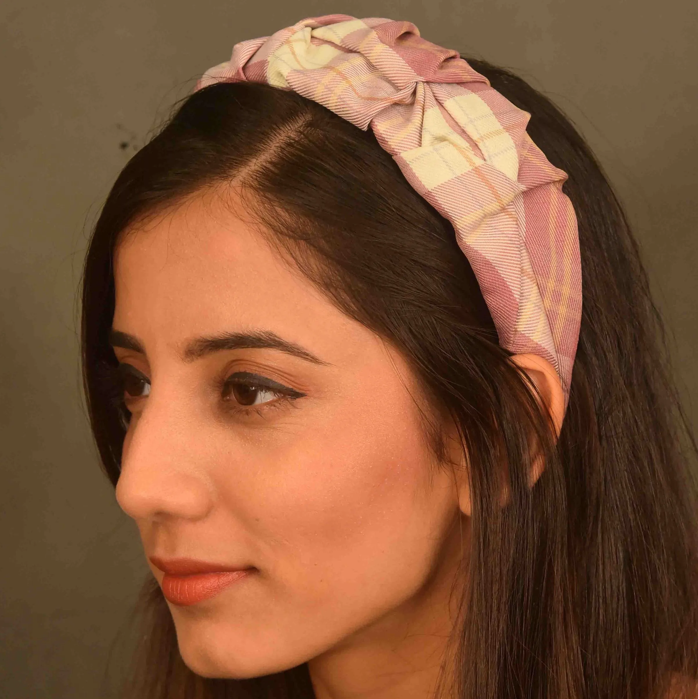 YoungWildFree Hair Bands Pink Chequered Printed Hairband For Women - Comfortable Cotton Fabric