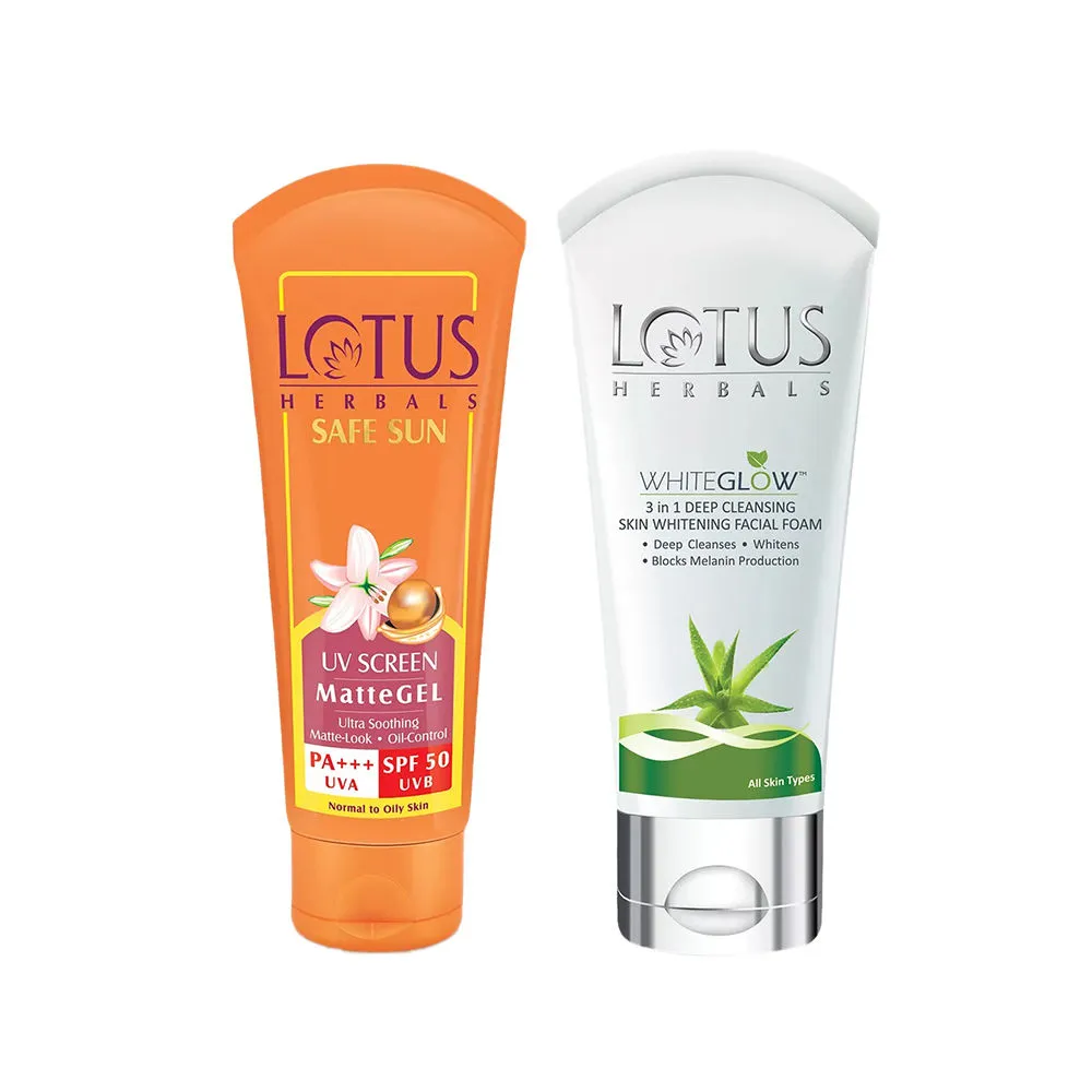 Lotus Herbals Safe Sun Screen Matte Gel SPF 50 & Whiteglow Facial Foam