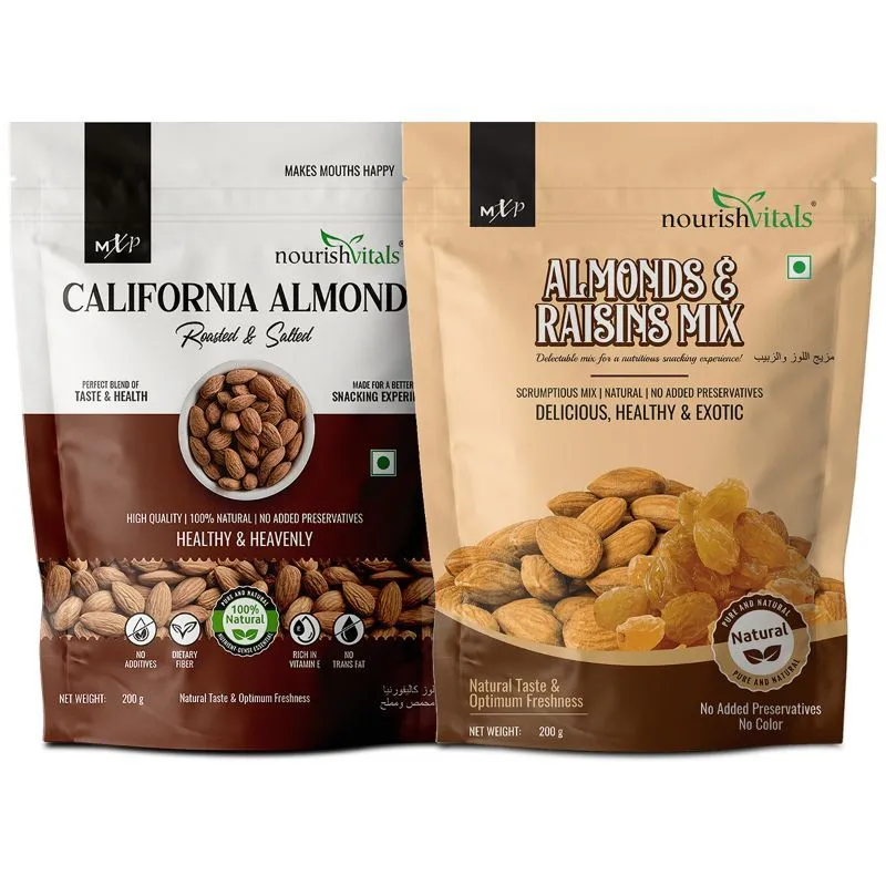 NourishVitals Combo, California Roasted and Salted Almonds + Almonds And Raisins Mix