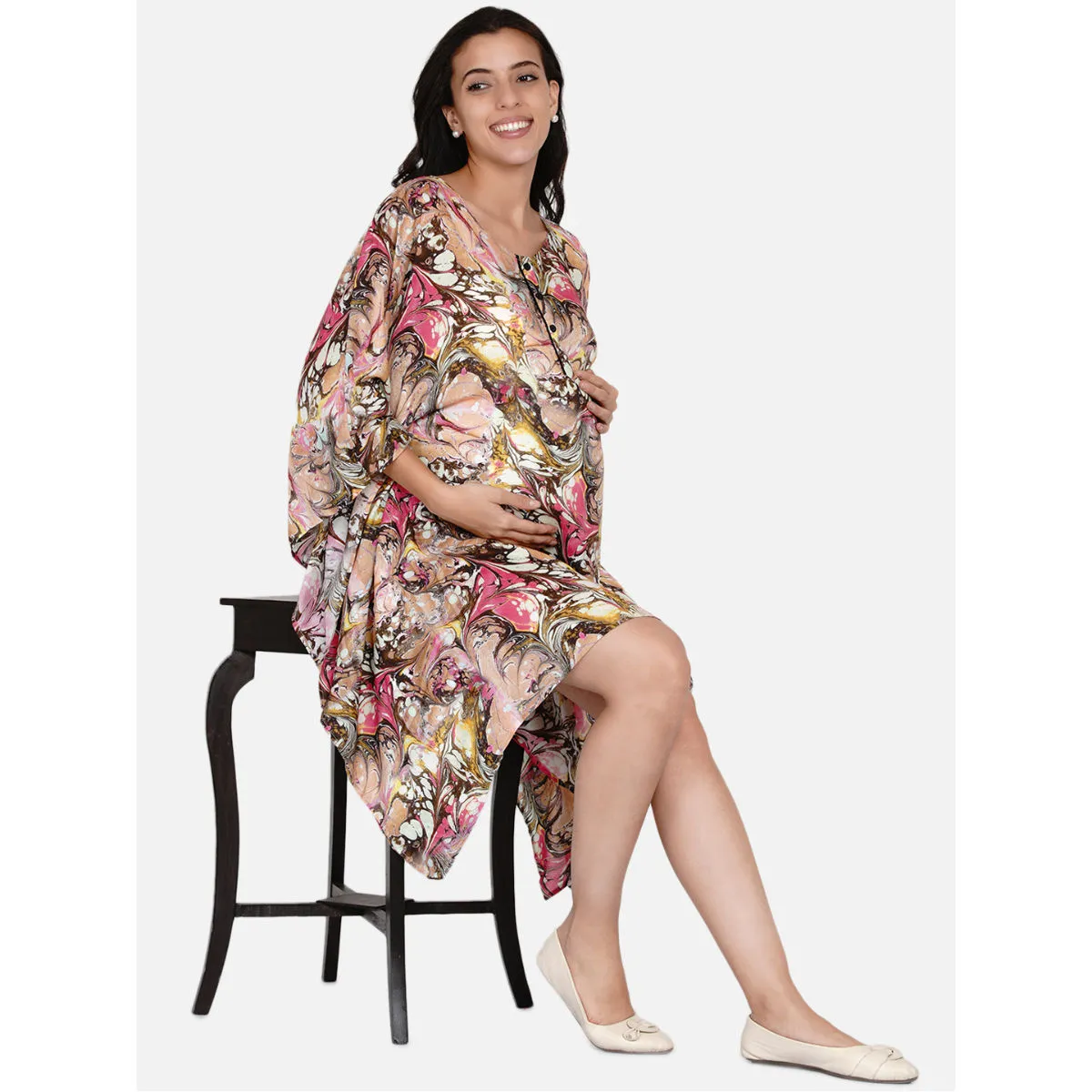 The Kaftan Company Pink Marble Maternity And Nursing Dress Multi-Color (M)