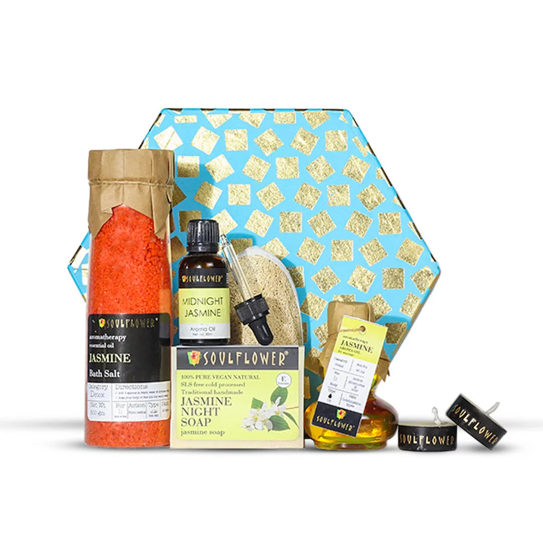 Soulflower Valentines Gift Set For Men Women - Jasmine Hexagon Bath & Body Gift Box