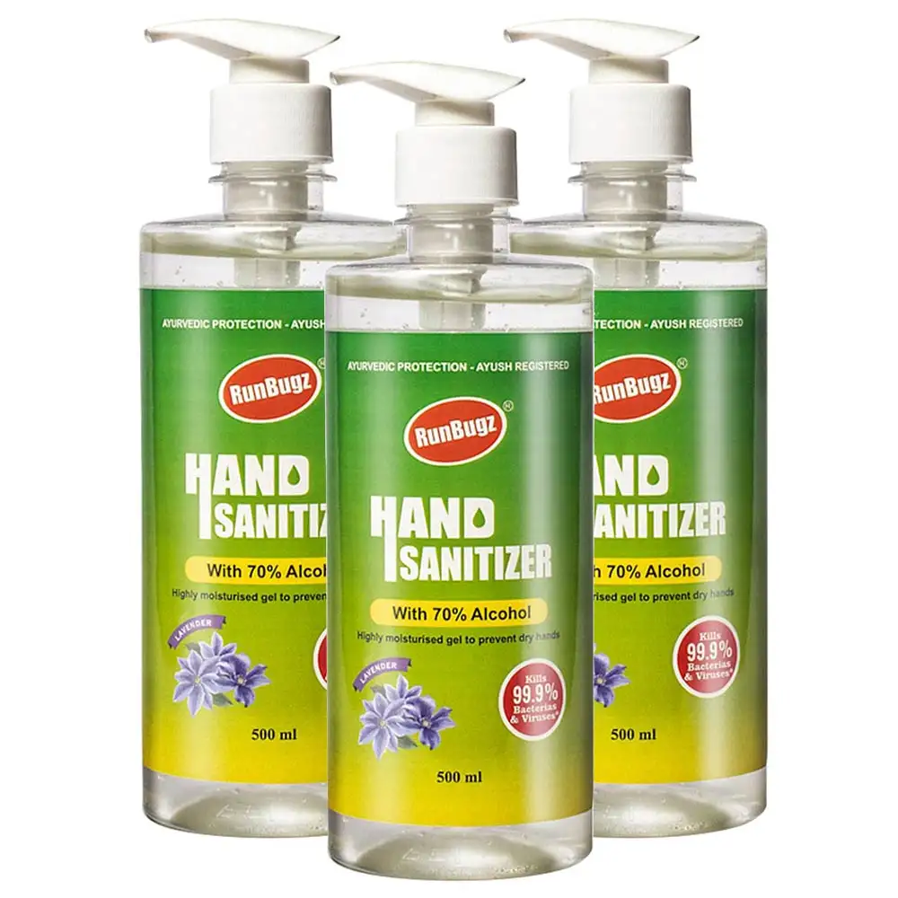 RunBugz Hand Sanitizer with 70% Alcohol,  Lavender  500 ml  Kills 99.9% Bacteria & Virus (Pack of 3)