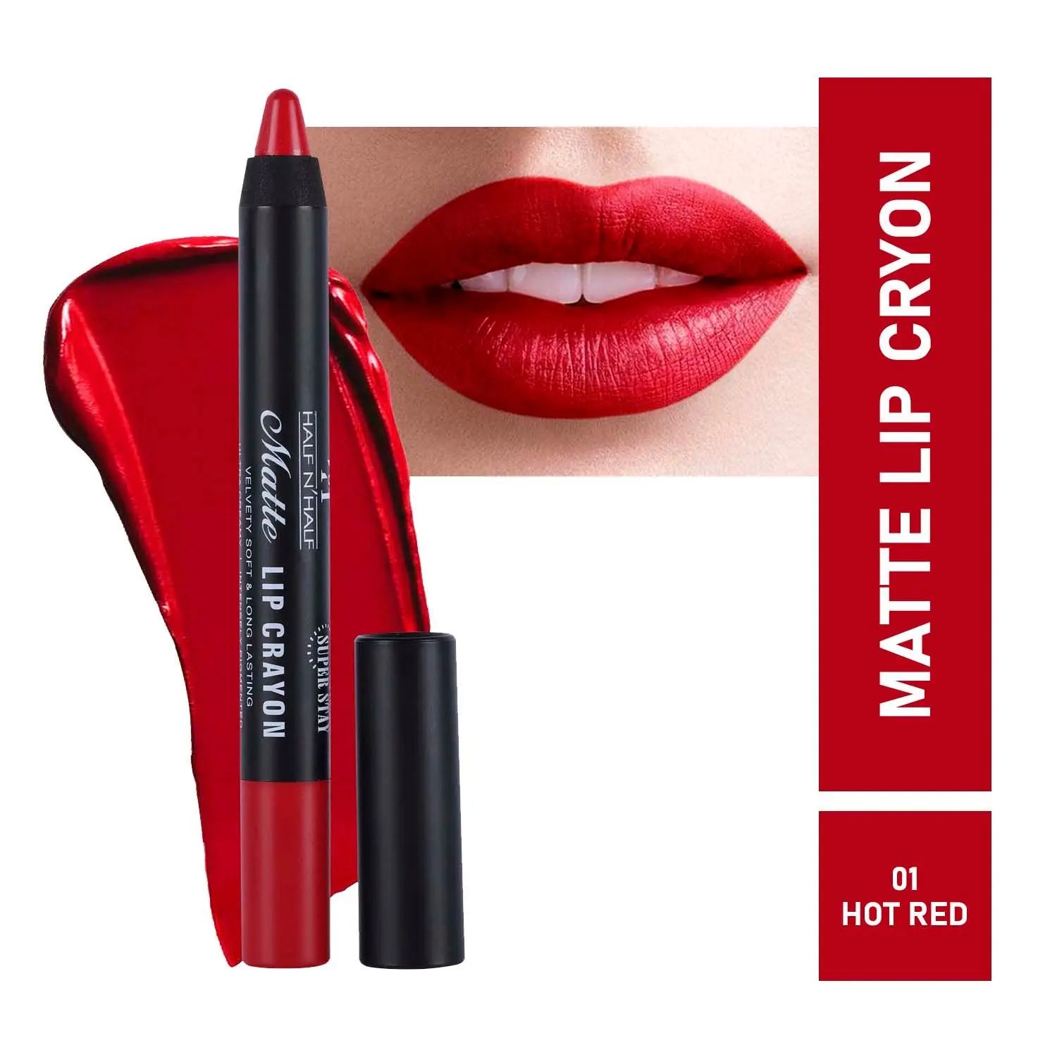 Half N Half Matte Lip Crayon Velvet Soft & Long Lasting, 24h Super Stay, 01 Hot Red (3.5gm)