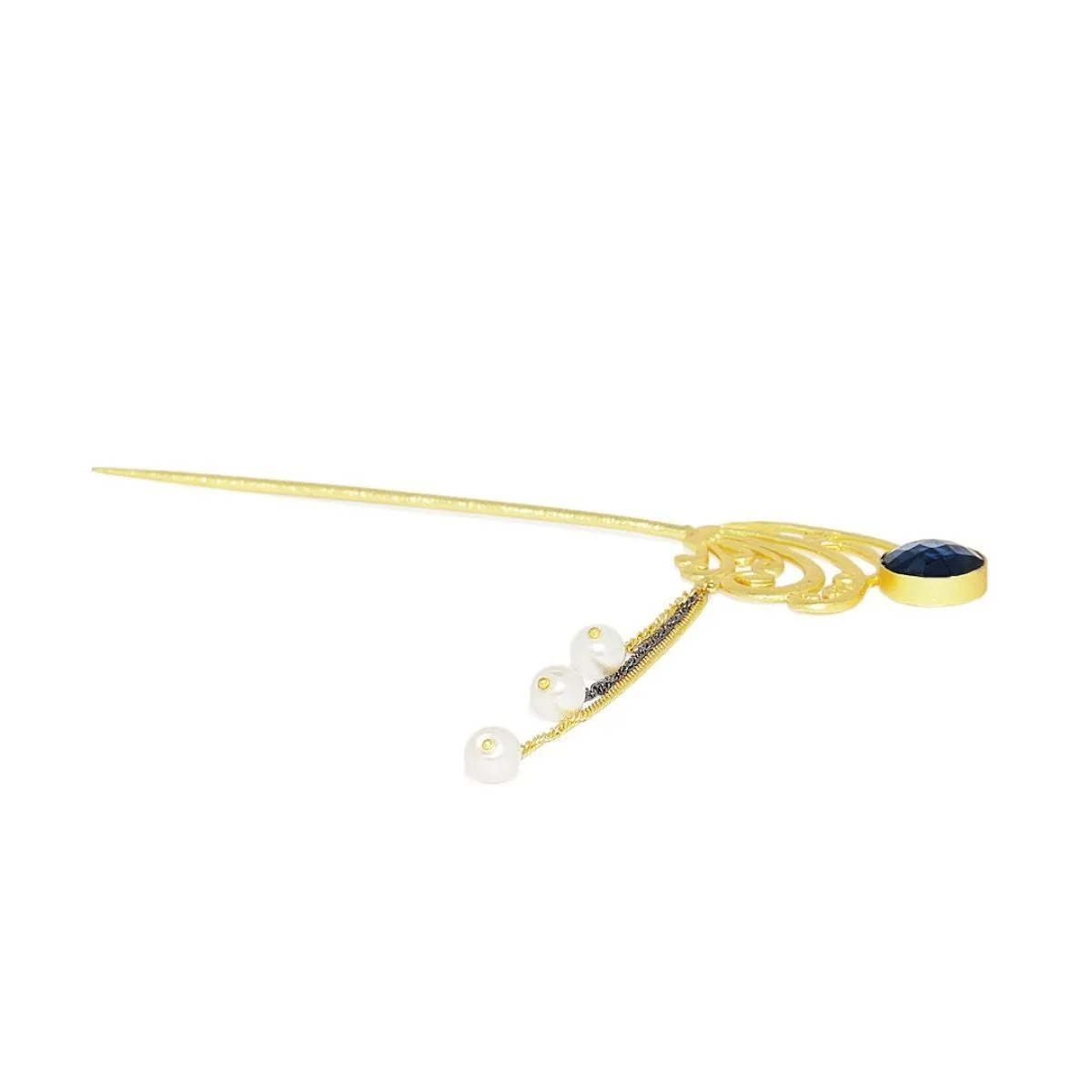 AccessHer Hairstick Embellished with Pearls and Blue Stone & Matt Gold Finish (HS0619M12GB1)