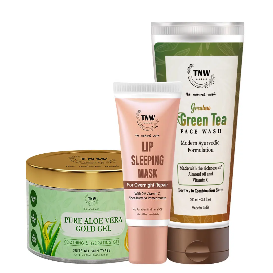 Combo of 3- Green Tea Face Wash 100ml + Pure Aloe Vera Gold Gel 100gm + Lip Sleeping Mask 10g