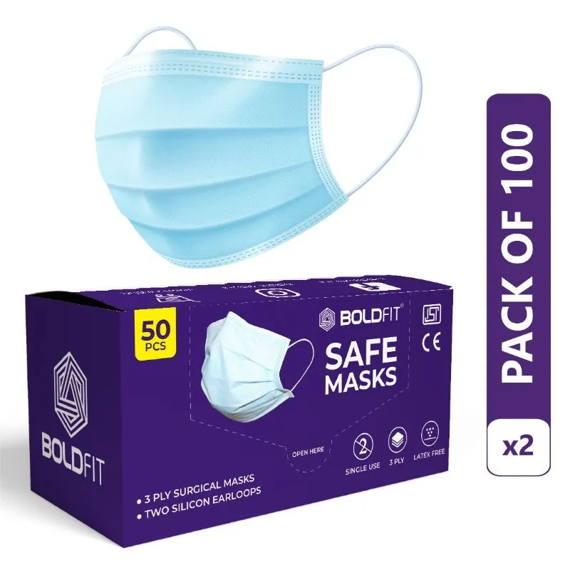 Boldfit 3 Layer Surgical Face Mask With Nose Pin Pack Of 100, Blue