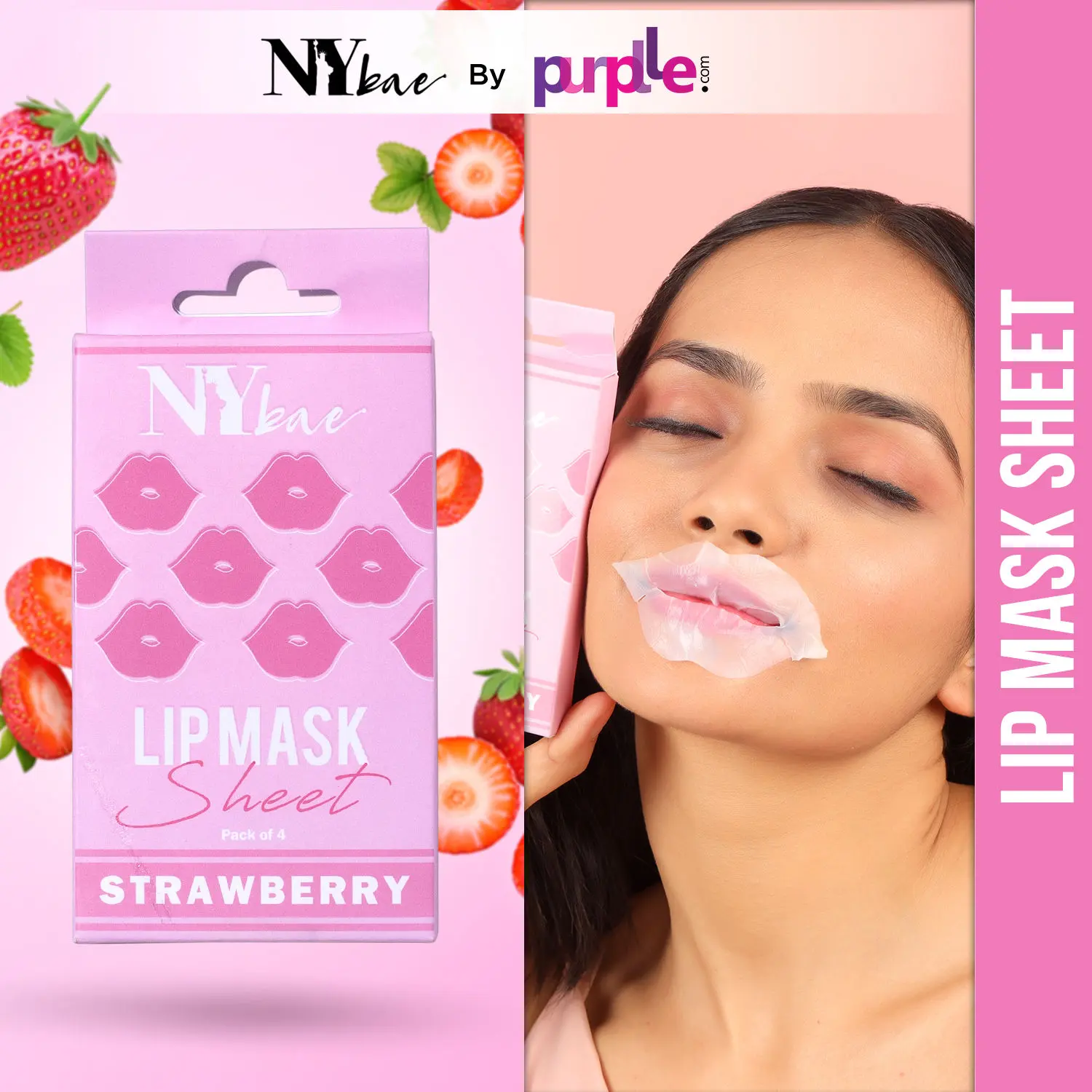 NY Bae Lip Mask Sheet - Pack Of 4 | Enriched With Strawberry | Treats Chapped Lips | 95% Natural Ingredients | Bio Cellulose Mask | Alcohol Free