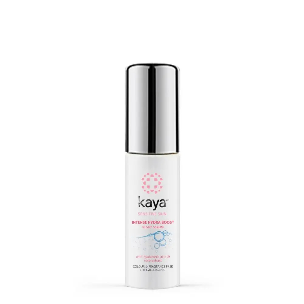 Kaya Intense Hydra Boost Night Serum for sensitive skin with Hyaluronic Acid & Rose Extract Colour & Fragrance free Hypoallergenic 30 ml